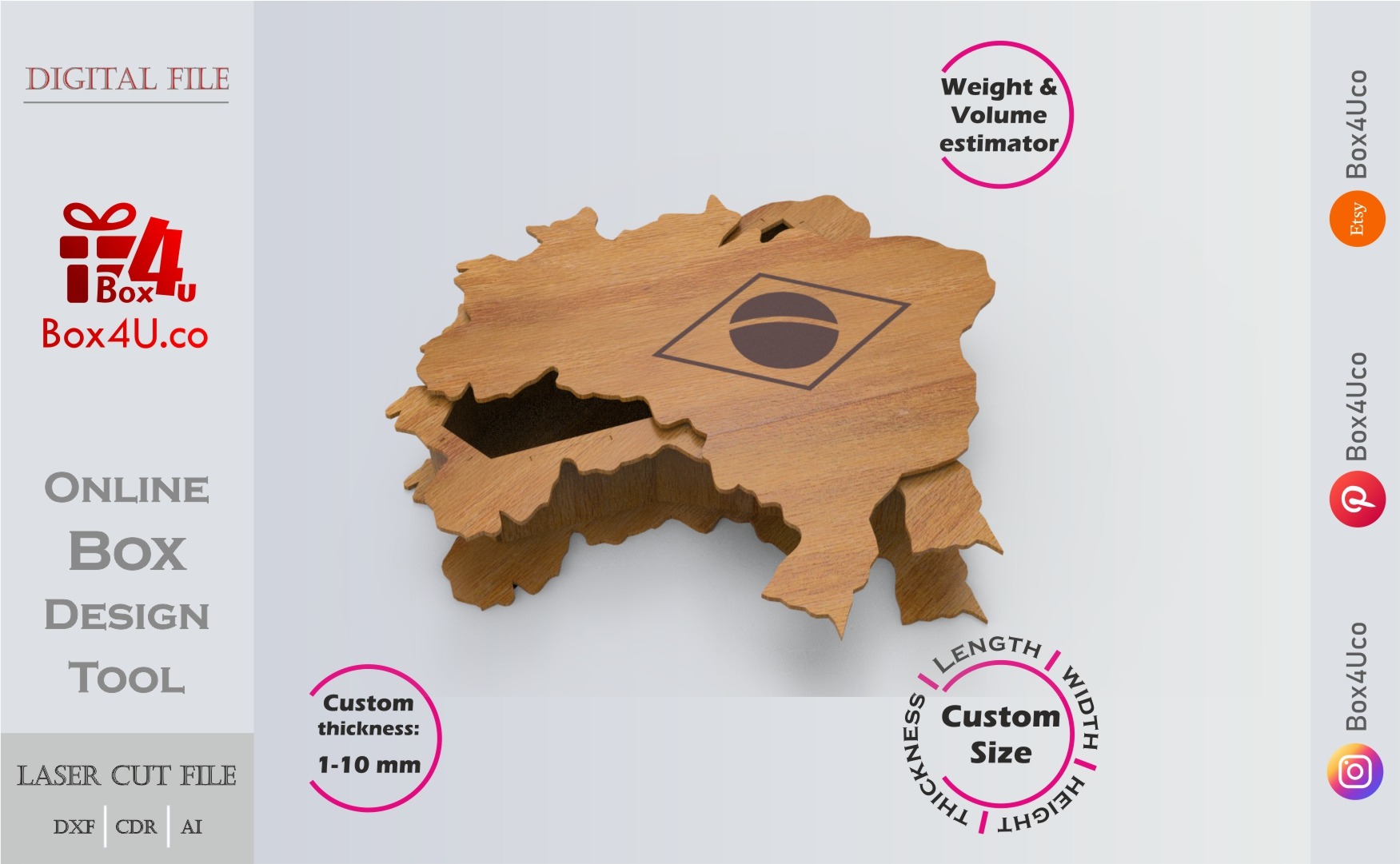 Brazil map Box | wooden engraved | Online design tool for map shape boxes | custom size laser cut file DXF, AI, CDR | Box4U