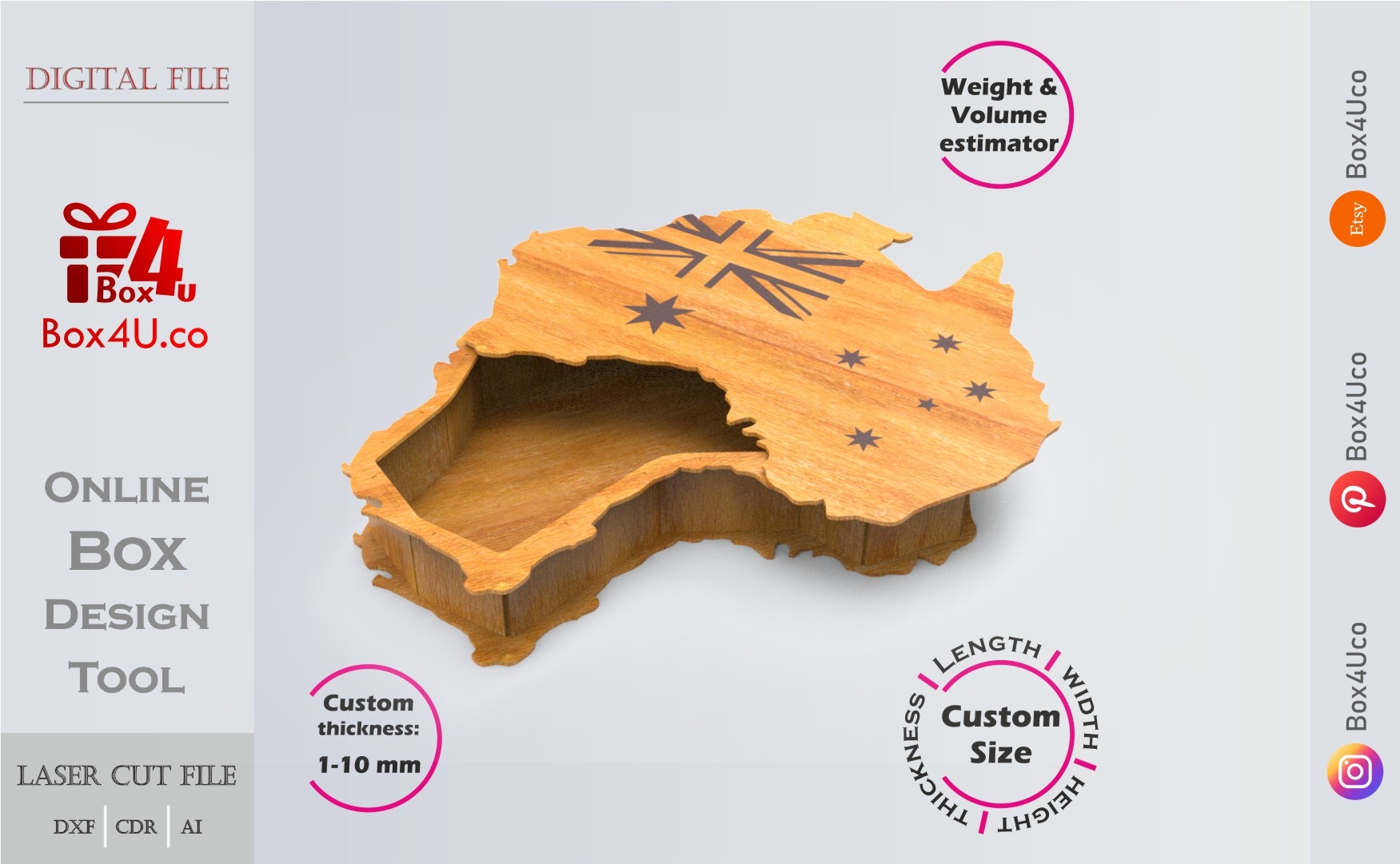 Australia map Box | wooden engraved | Online design tool for map shape boxes | custom size laser cut file DXF, AI, CDR | Box4U