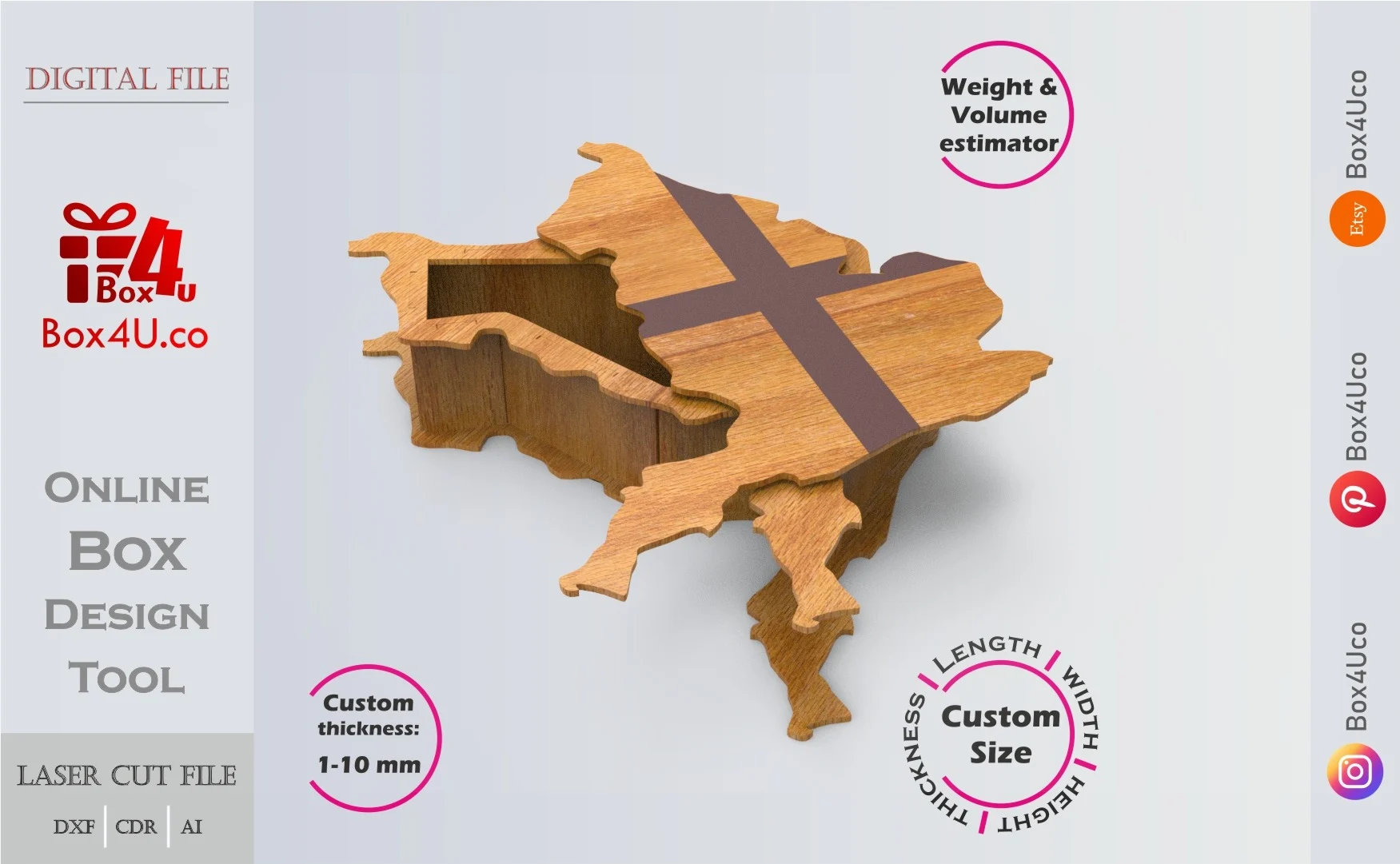 England map Box | wooden engraved | Online design tool for map shape boxes | custom size laser cut file DXF, AI, CDR | Box4U