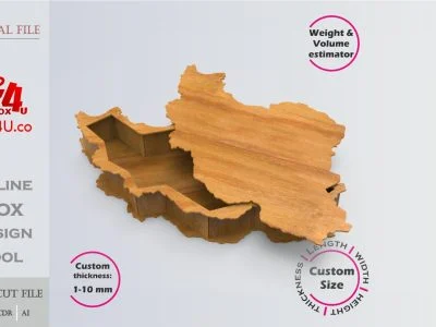 Iran map Box | wooden engraved | Online design tool for map shape boxes | custom size laser cut file DXF, AI, CDR | Box4U