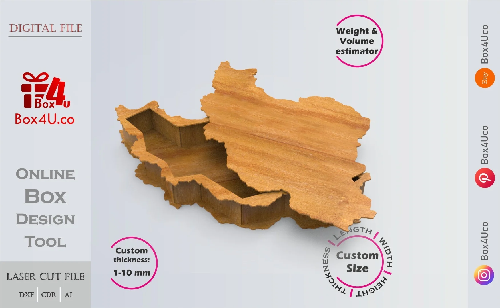 Iran map Box | wooden engraved | Online design tool for map shape boxes | custom size laser cut file DXF, AI, CDR | Box4U