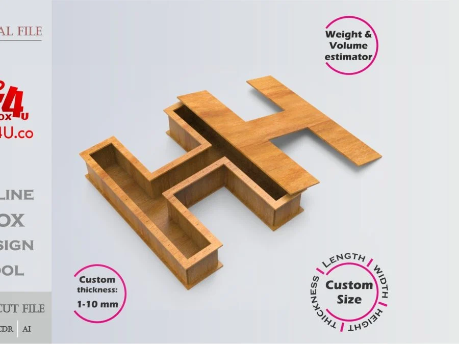 Letter H Box | wooden | Online design tool for letter boxes | custom size laser cut file DXF, AI, CDR | Box4U