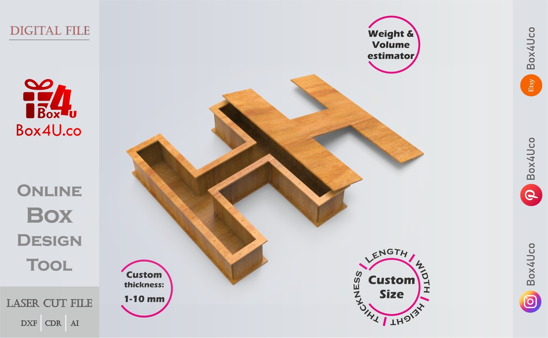 Letter H Box | wooden | Online design tool for letter boxes | custom size laser cut file DXF, AI, CDR | Box4U