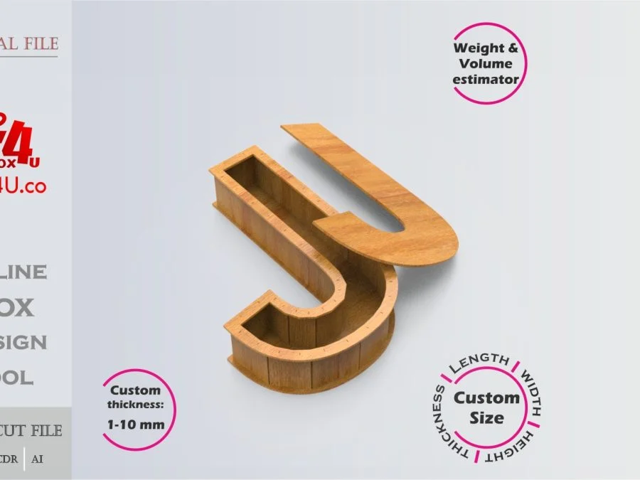 Letter J Box | wooden | Online design tool for letter boxes | custom size laser cut file DXF, AI, CDR | Box4U