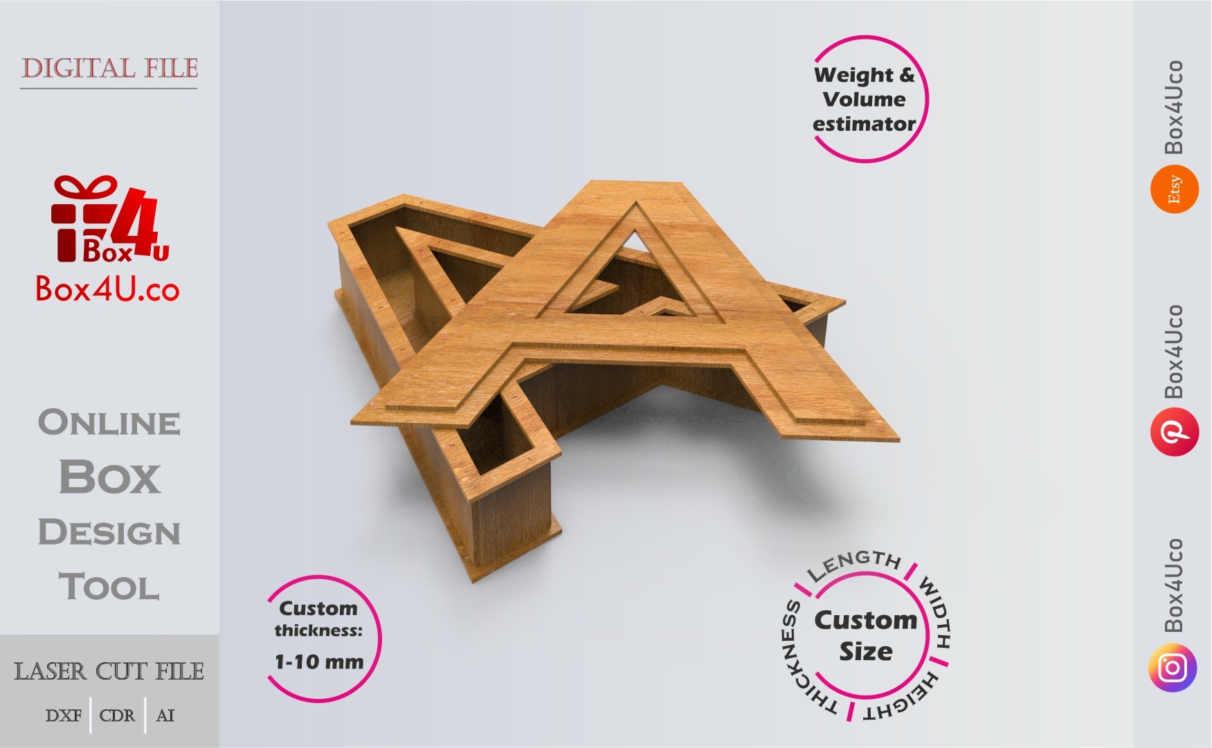 Letter A Box | wooden | Online design tool for letter boxes | custom size laser cut file DXF, AI, CDR | Box4U