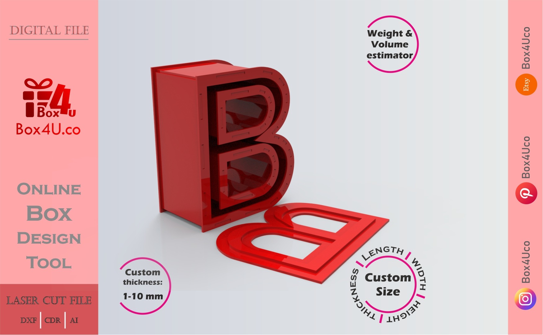 Make Letter B Box | red acrylic | Online app tool for letter boxes | custom size laser cut file DXF, AI, CDR | Box4U