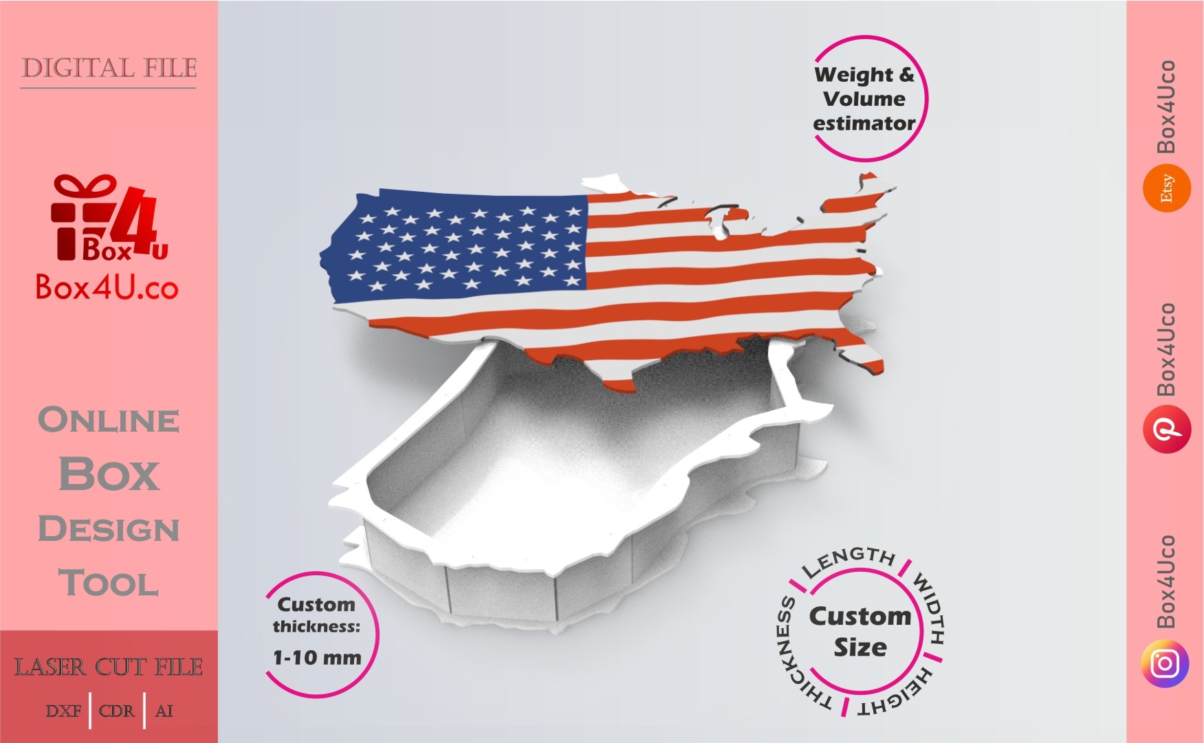 Make USA Box | white acrylic | Online app tool for map boxes | custom size laser cut file DXF, AI, CDR | Box4U