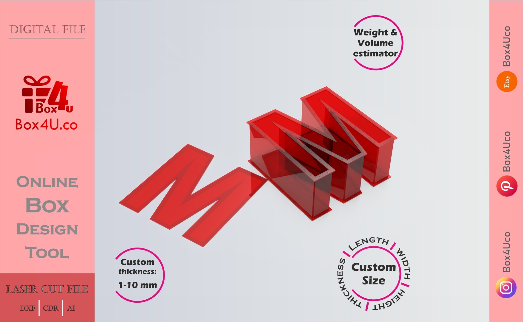 Make Letter M Box | red acrylic | Online app tool for letter boxes | custom size laser cut file DXF, AI, CDR | Box4U