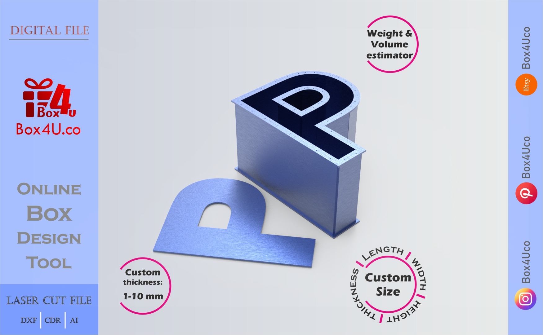 Make Letter P Box | blue acrylic | Online design for letter box | custom size laser cut file DXF, AI, CDR | Box4U