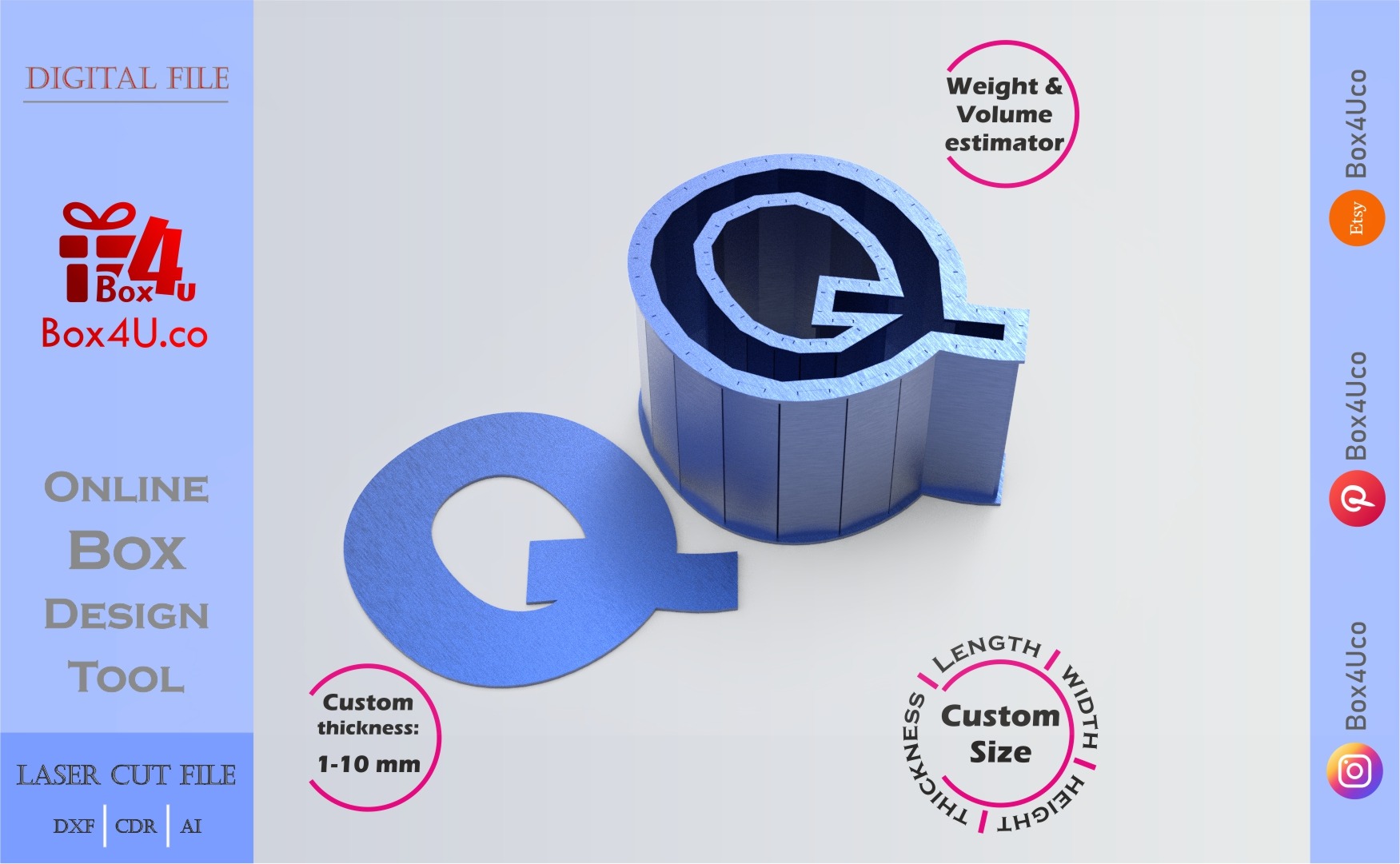 Make Letter Q Box | blue acrylic | Online design for letter box | custom size laser cut file DXF, AI, CDR | Box4U