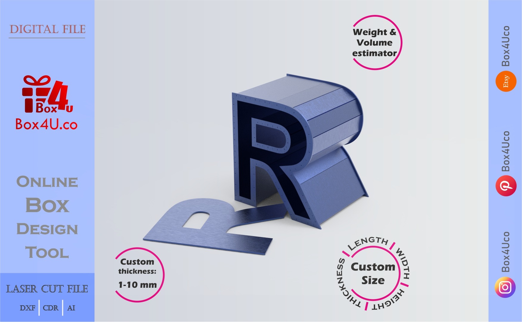Make Letter R Box | blue acrylic | Online design for letter box | custom size laser cut file DXF, AI, CDR | Box4U