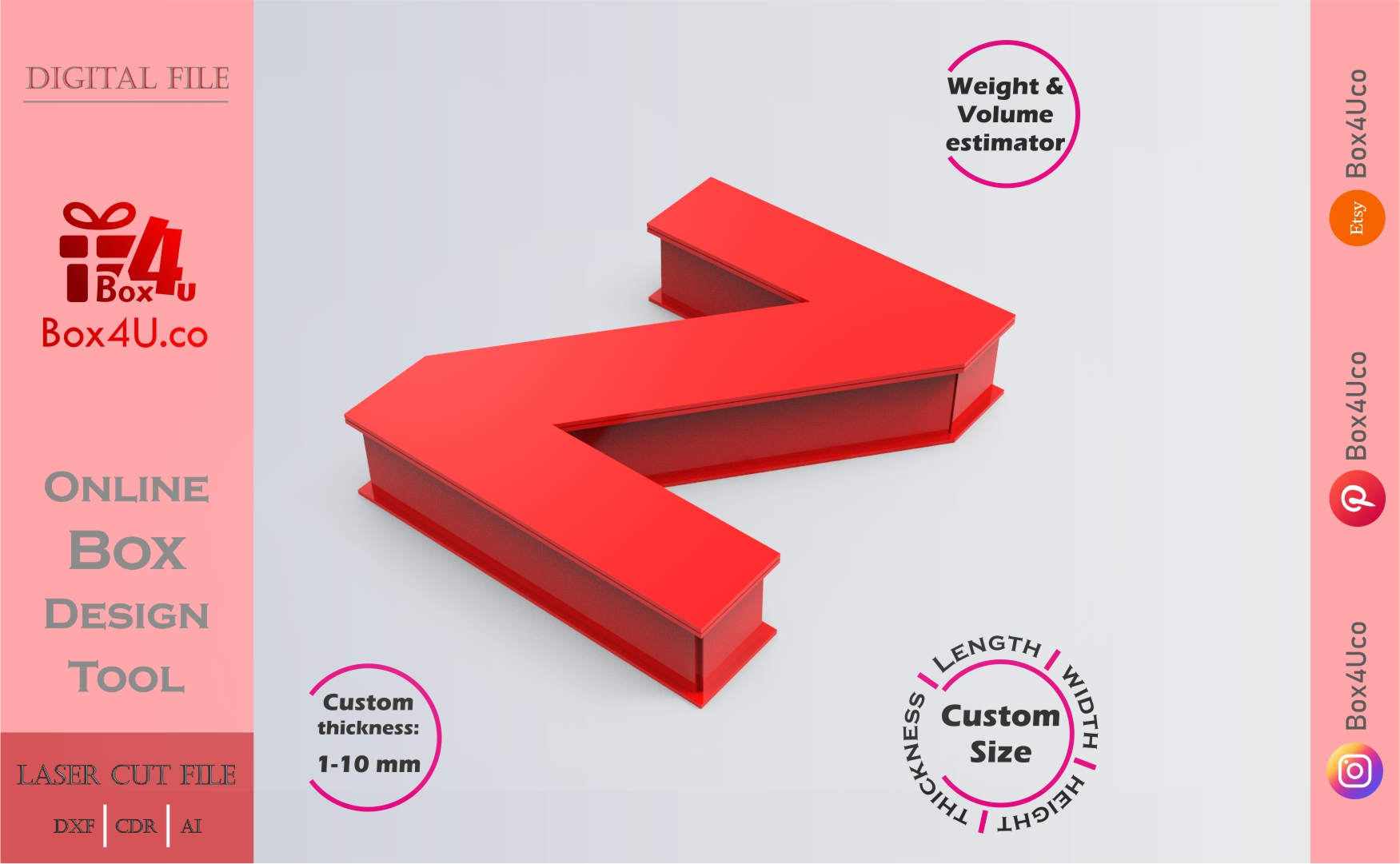 Make Letter Z Box | red acrylic | Online app tool for letter boxes | custom size laser cut file DXF, AI, CDR | Box4U