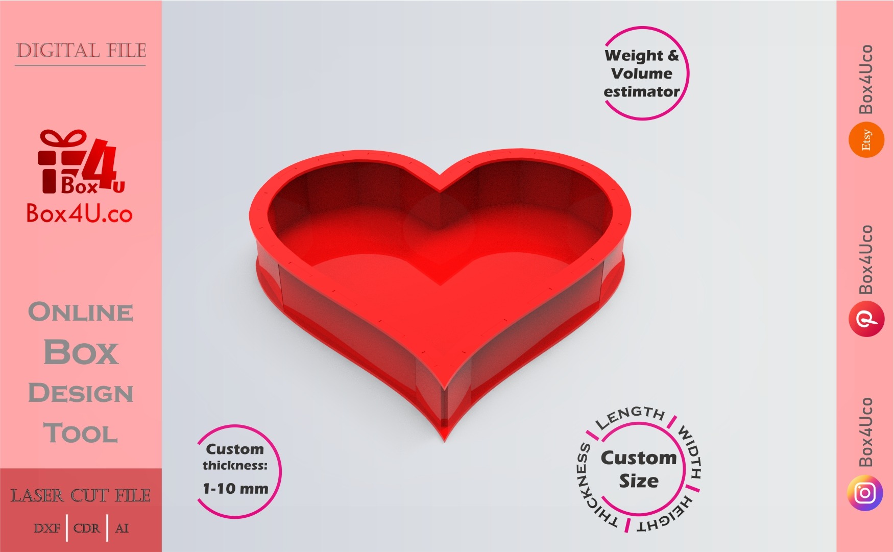 Make Heart Box | red acrylic | Online app tool for letter boxes | custom size laser cut file DXF, AI, CDR | Box4U