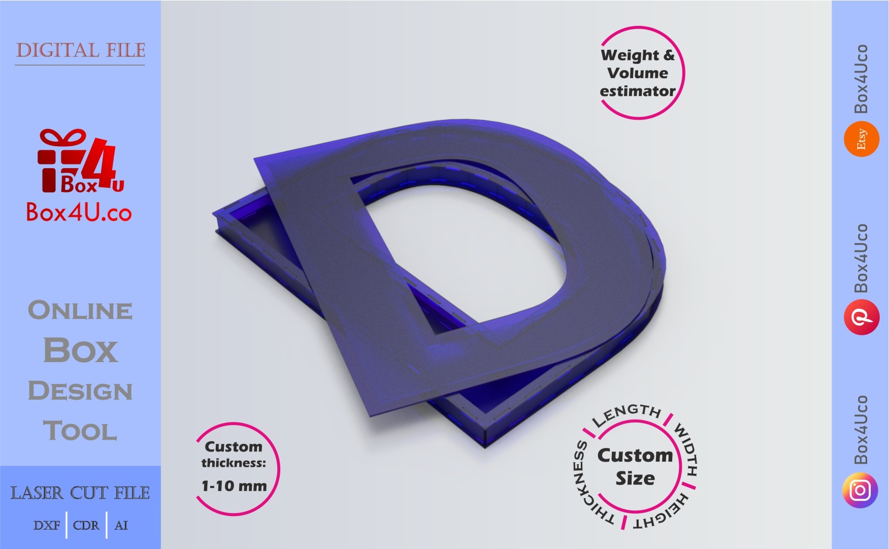 Make Letter D Box | blue acrylic | Online design for letter box | custom size laser cut file DXF, AI, CDR | Box4U