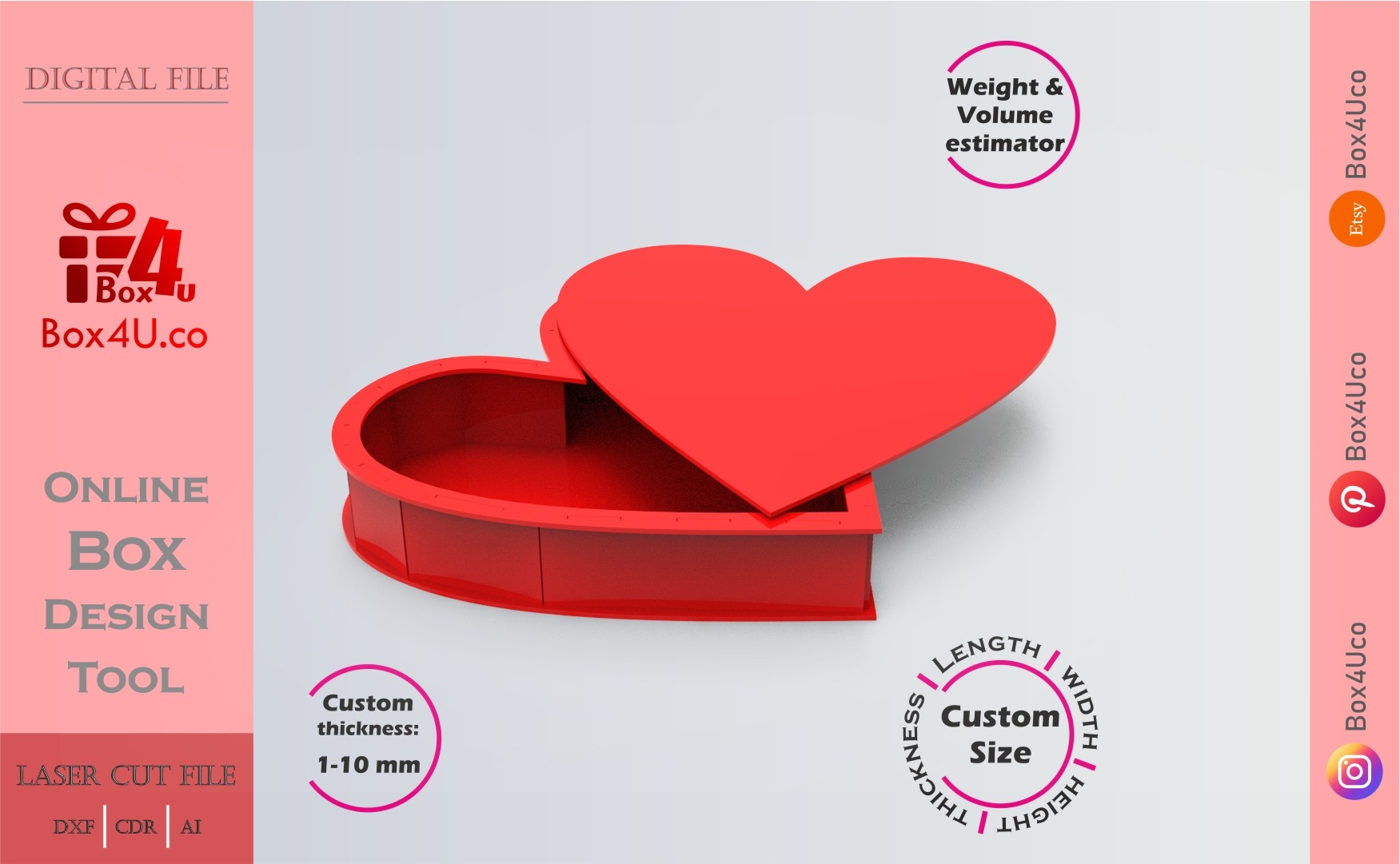 Make Heart Box (T2) | red acrylic | Online app tool for letter boxes | custom size laser cut file DXF, AI, CDR | Box4U