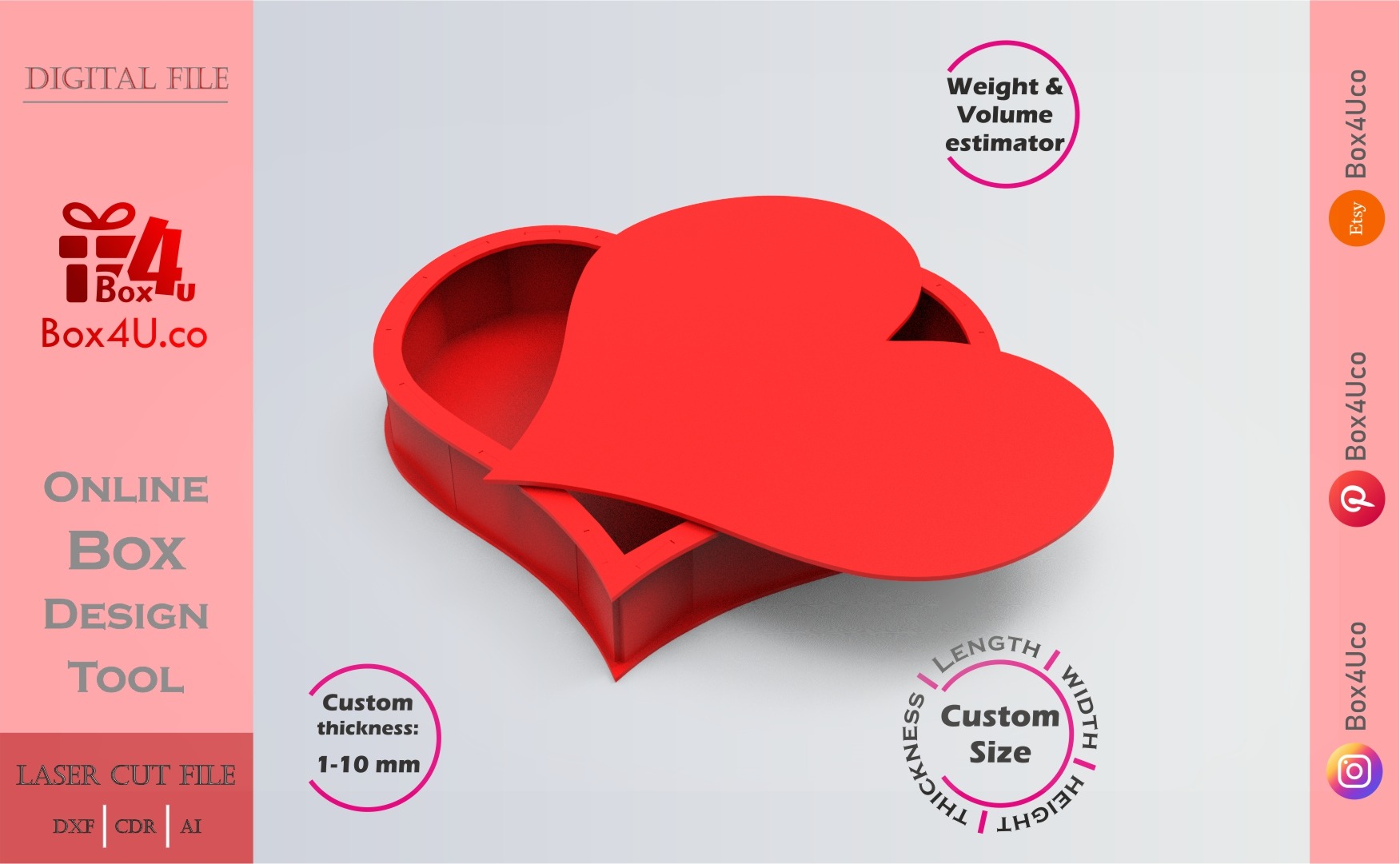 Make Heart Box (T3) | red acrylic | Online app tool for letter boxes | custom size laser cut file DXF, AI, CDR | Box4U