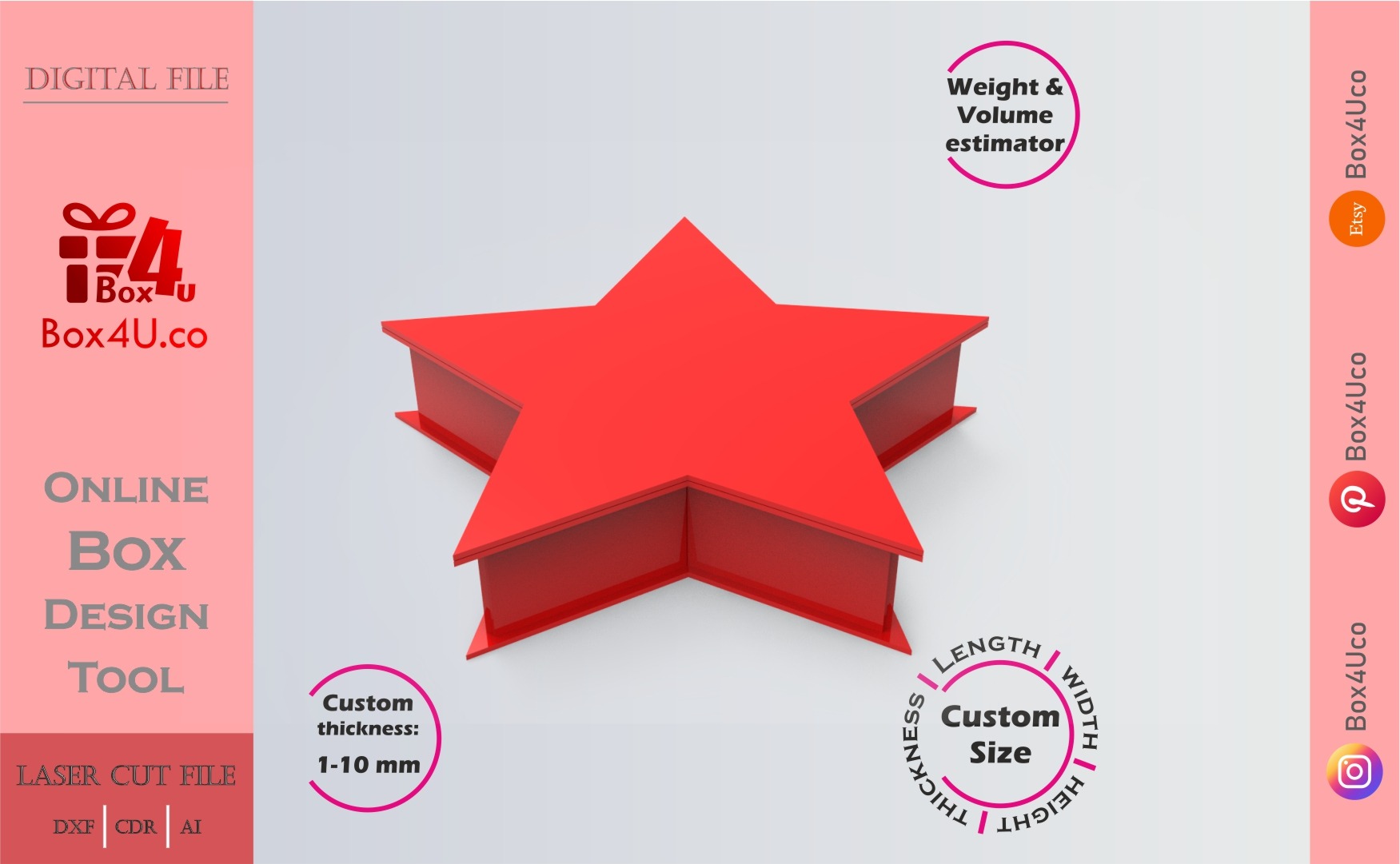 Make Five-pointed Star Box | red acrylic | Online app tool for letter boxes | custom size laser cut file DXF, AI, CDR | Box4U
