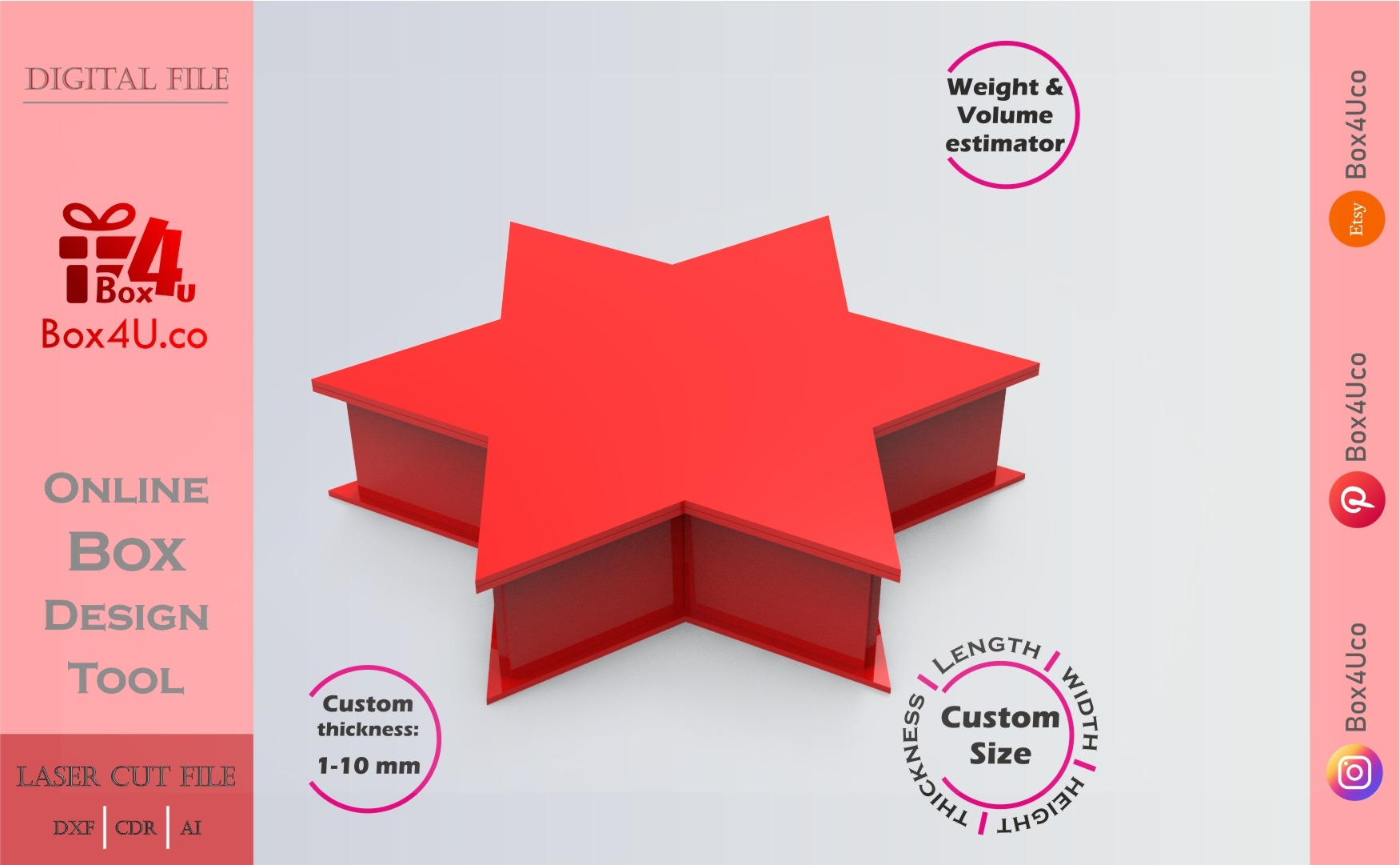 Make Six-pointed Star Box | red acrylic | Online app tool for letter boxes | custom size laser cut file DXF, AI, CDR | Box4U