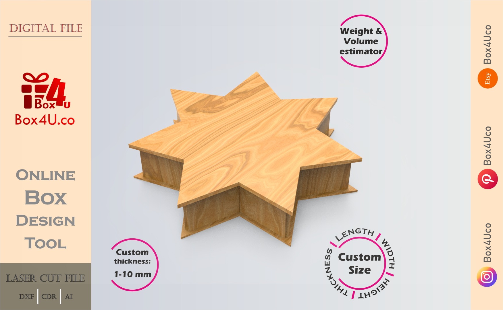Online Design Seven-pointed star | wooden | App tool for shape boxes | custom size laser cut file DXF, AI, CDR | Box4U