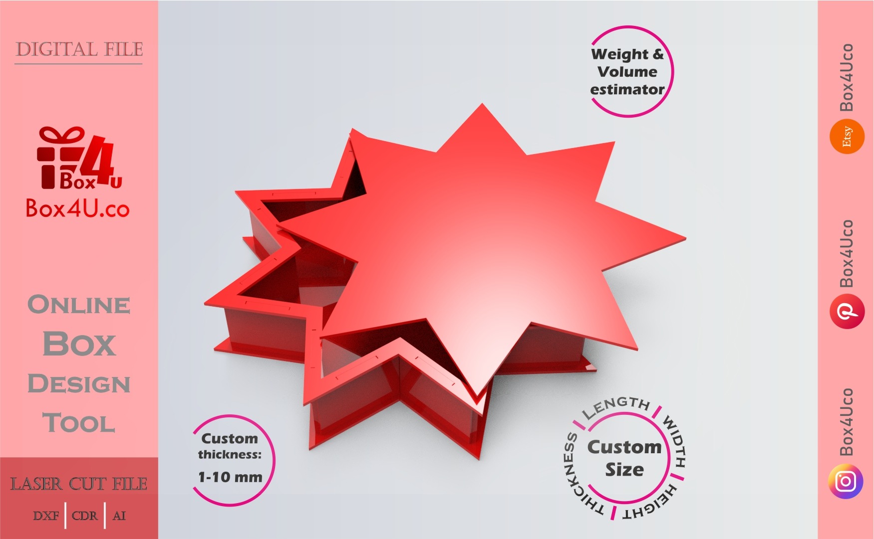 Make Eight-pointed Star Box | red acrylic | Online app tool for letter boxes | custom size laser cut file DXF, AI, CDR | Box4U