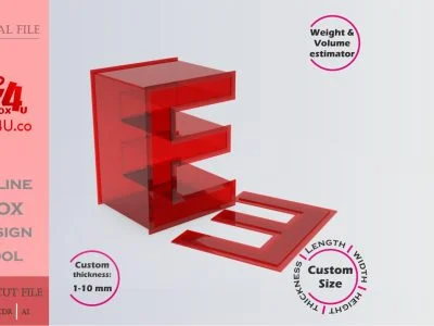 Make Letter E Box | red acrylic | Online app tool for letter boxes | custom size laser cut file DXF, AI, CDR | Box4U