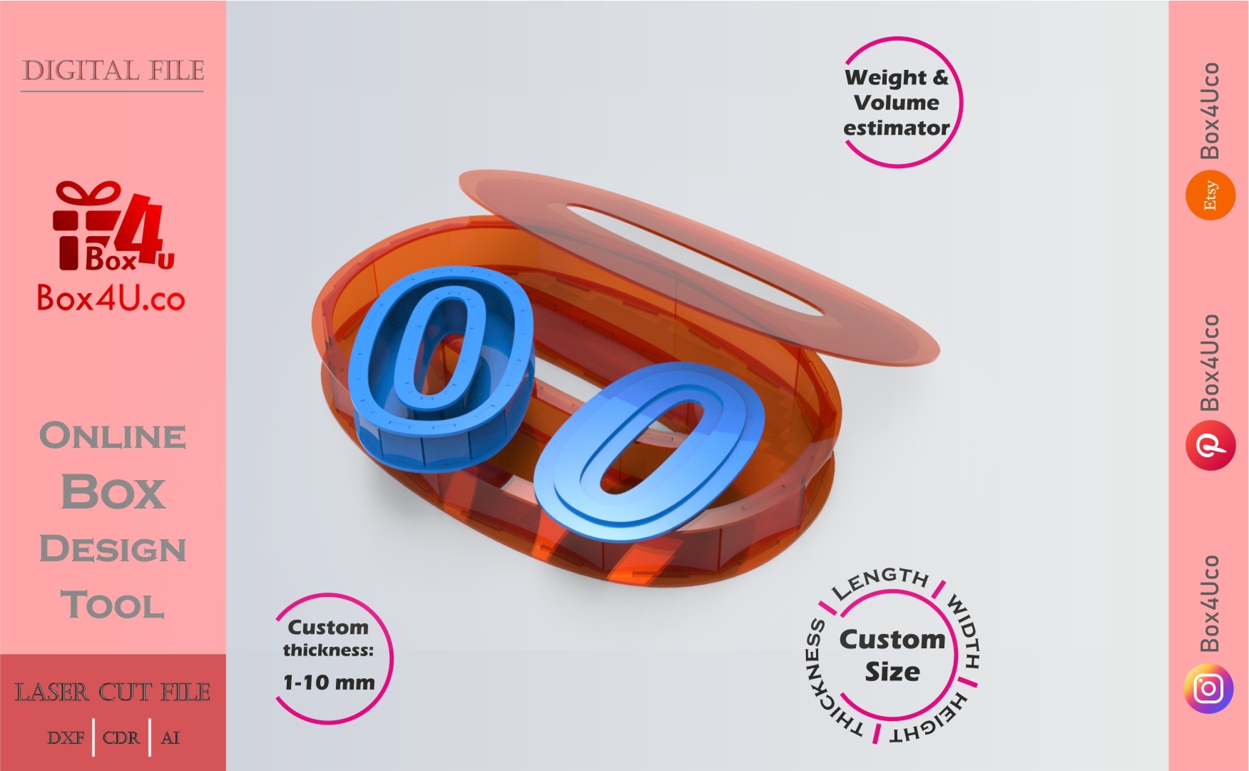 Make number 0 Box | red acrylic | Online app tool for number shaped boxes | custom size laser cut file DXF, AI, CDR | Box4U