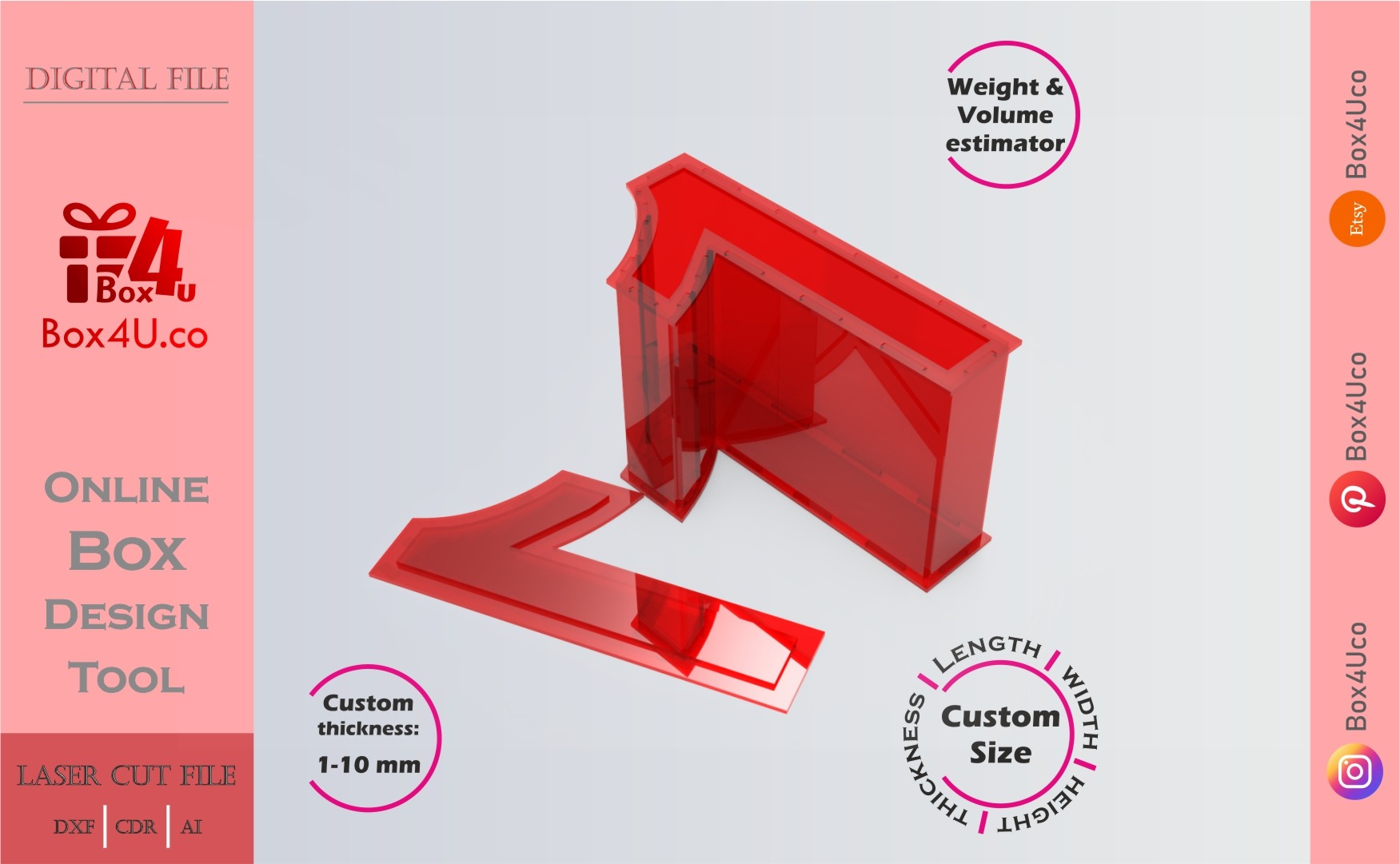 Make number 1 Box | red acrylic | Online app tool for number shaped boxes | custom size laser cut file DXF, AI, CDR | Box4U