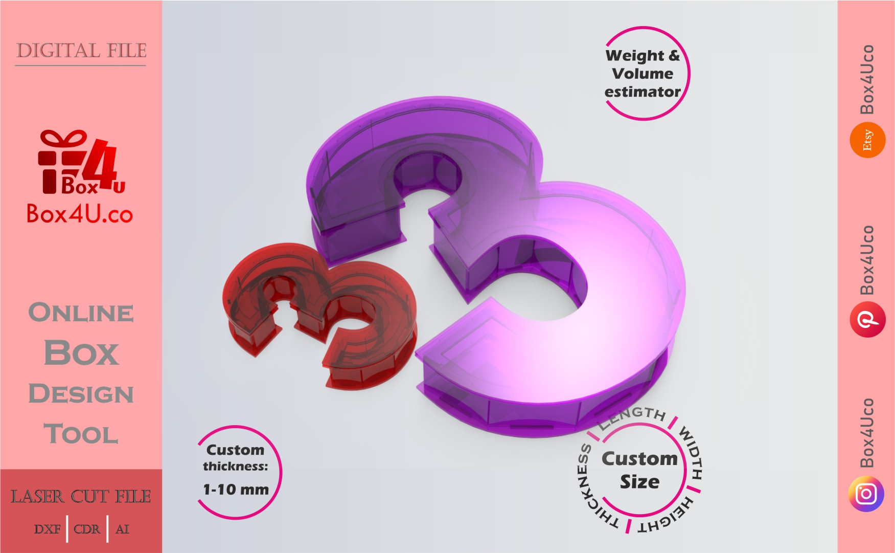 Make number 3 Box | red purple acrylic | Online app tool for number shaped boxes | custom size laser cut file DXF, AI, CDR | Box4U