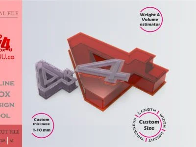 Make number 4 Box | red acrylic | Online app tool for number shaped boxes | custom size laser cut file DXF, AI, CDR | Box4U