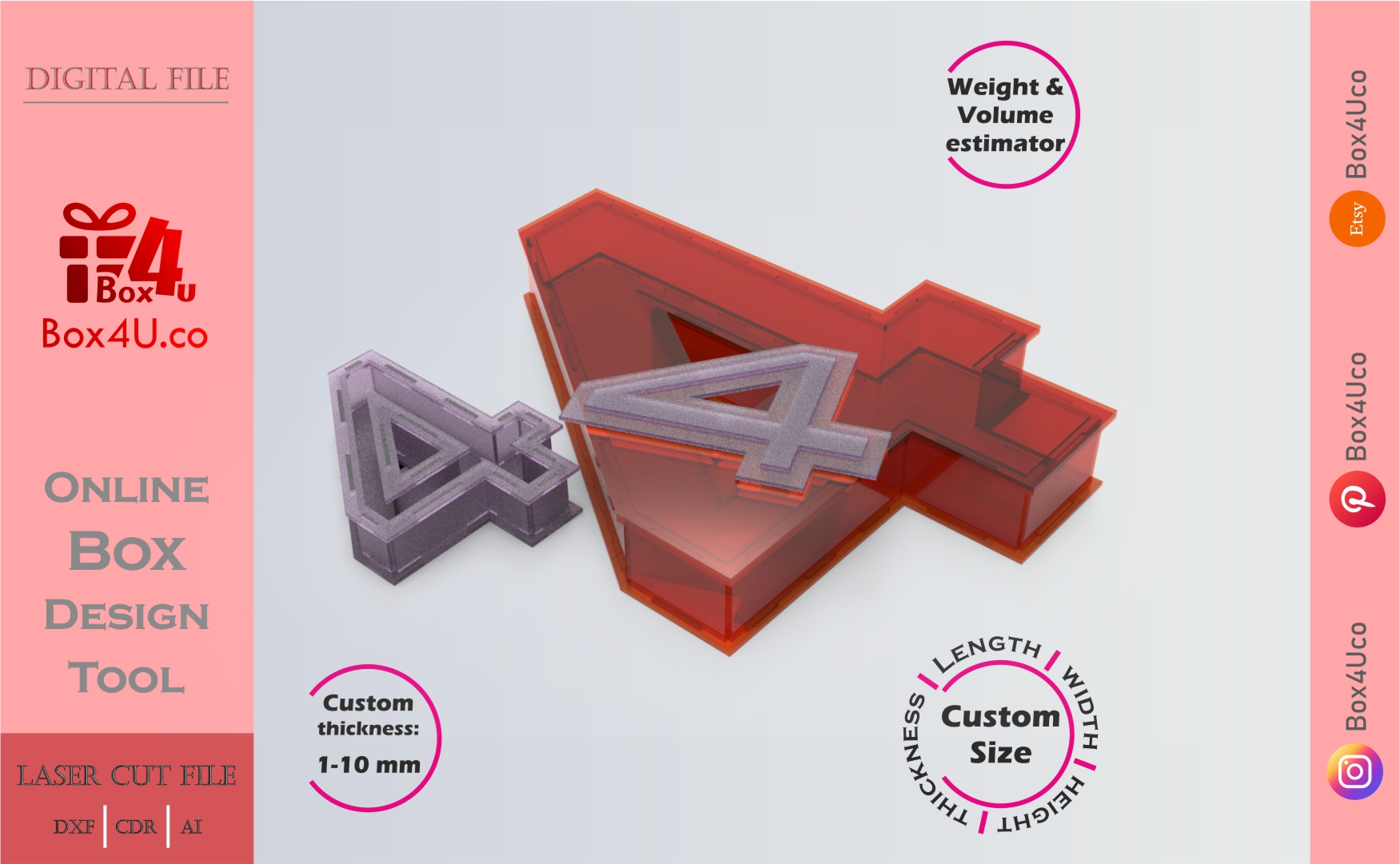 Make number 4 Box | red acrylic | Online app tool for number shaped boxes | custom size laser cut file DXF, AI, CDR | Box4U