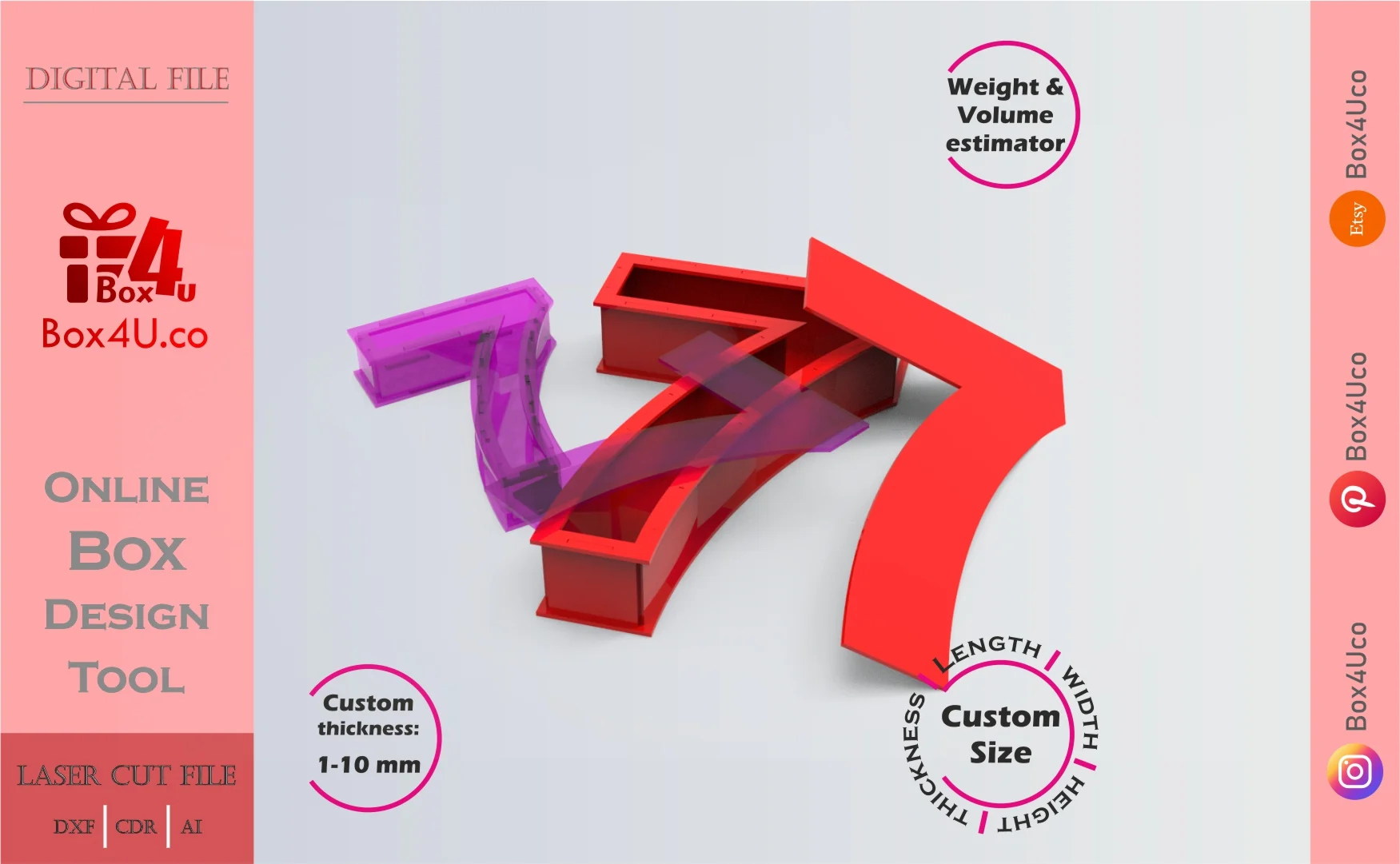 Make number 7 Box | red purple acrylic | Online app tool for number shaped boxes | custom size laser cut file DXF, AI, CDR | Box4U