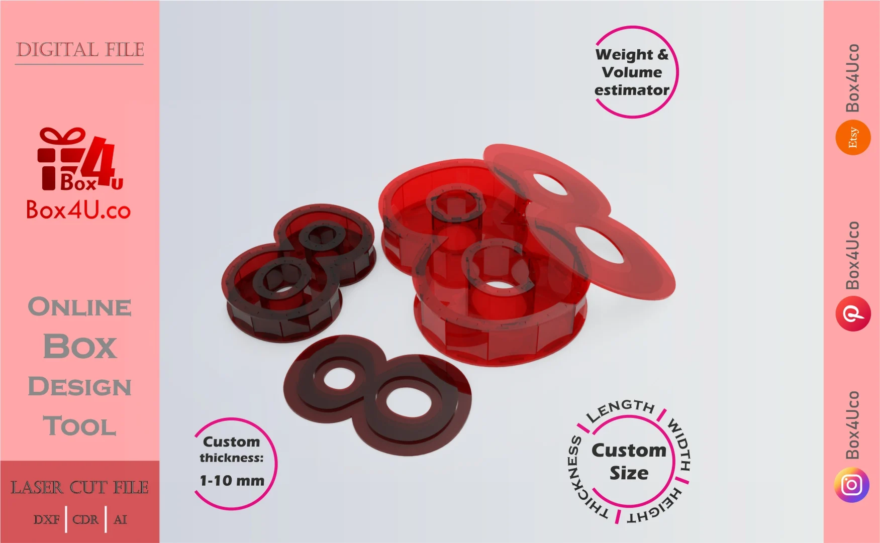 Make number 8 Box | red acrylic | Online app tool for number shaped boxes | custom size laser cut file DXF, AI, CDR | Box4U