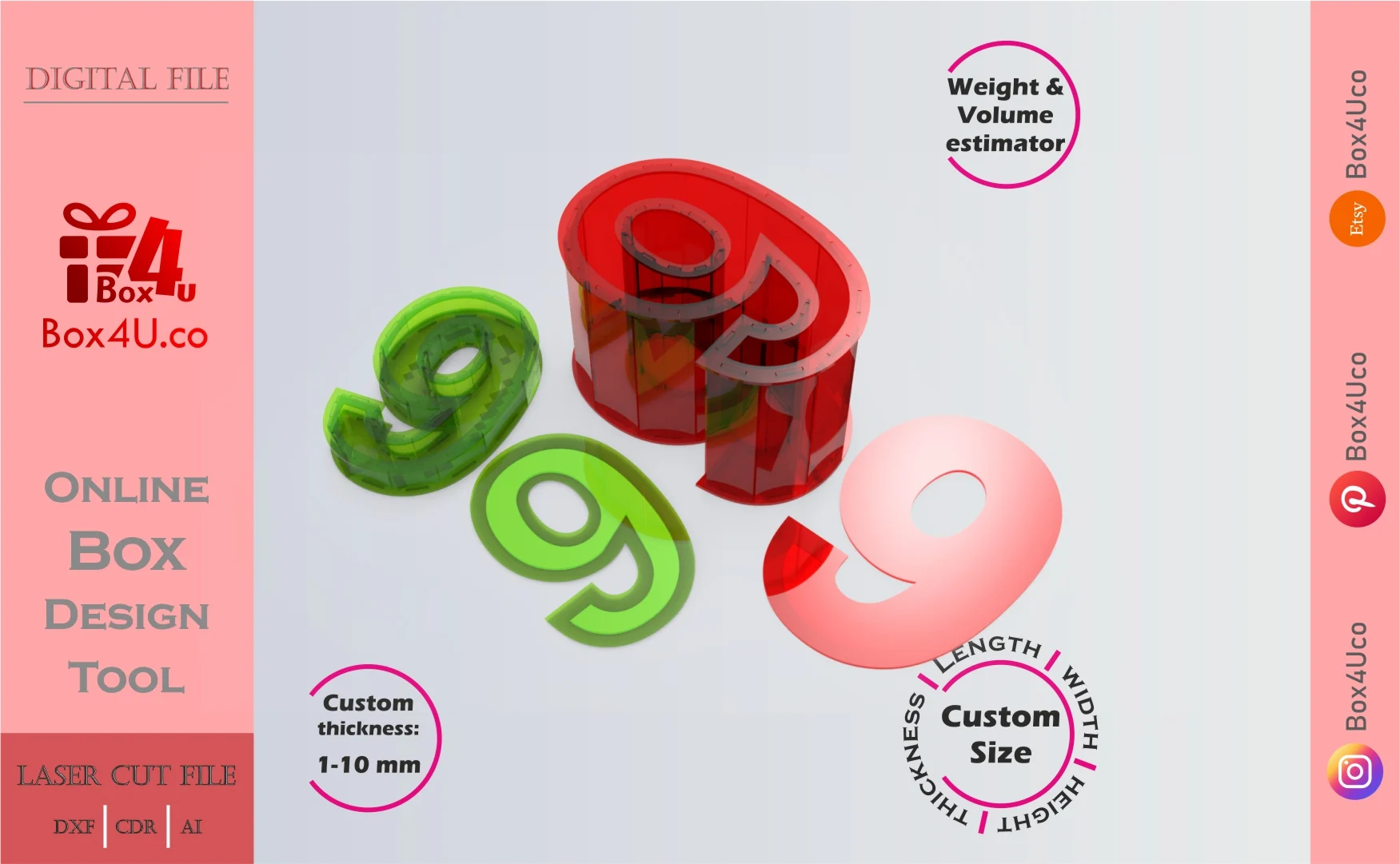 Make number 9 Box | red green acrylic | Online app tool for number shaped boxes | custom size laser cut file DXF, AI, CDR | Box4U