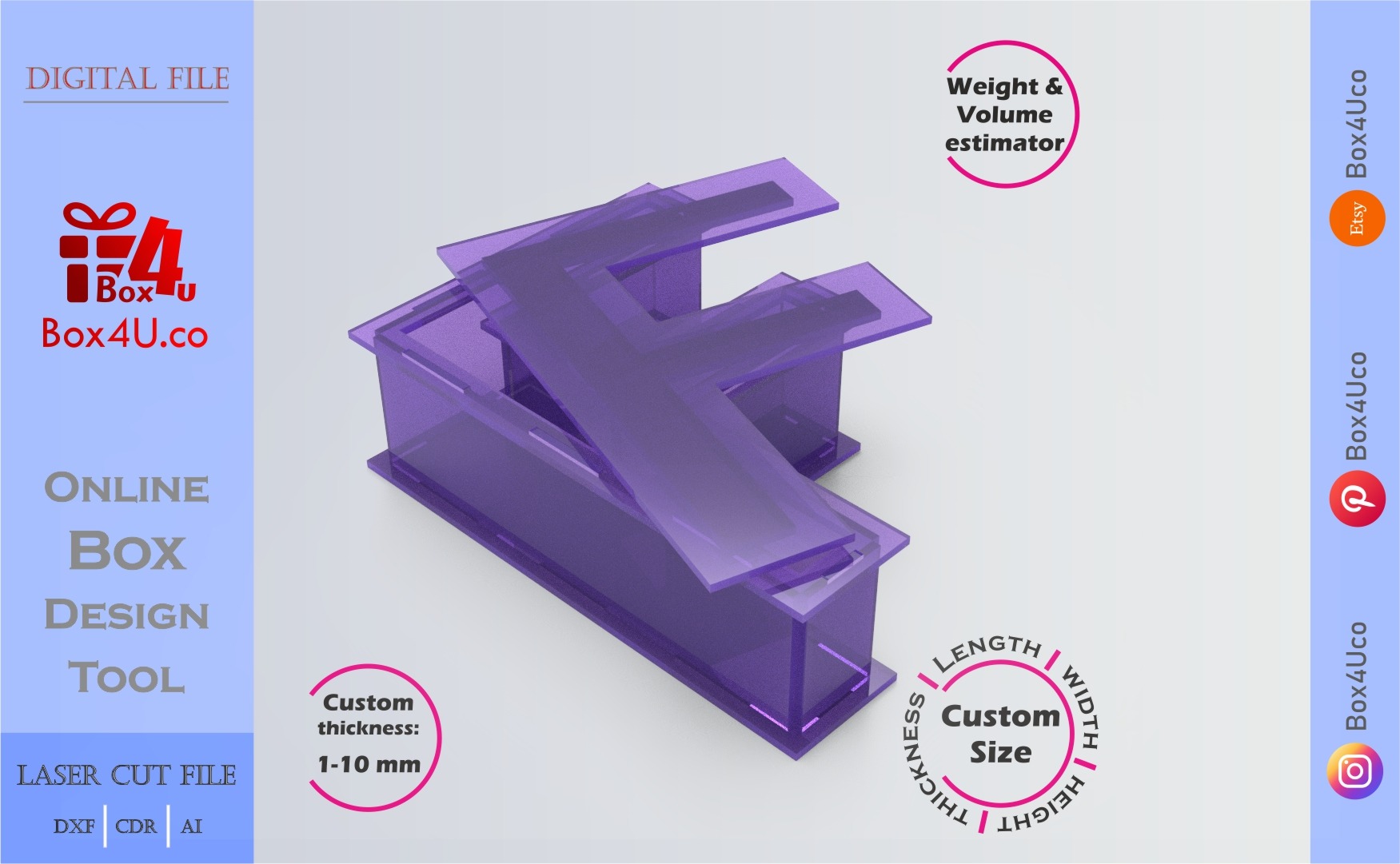 Make Letter F Box | purple acrylic | Online design for letter box | custom size laser cut file DXF, AI, CDR | Box4U