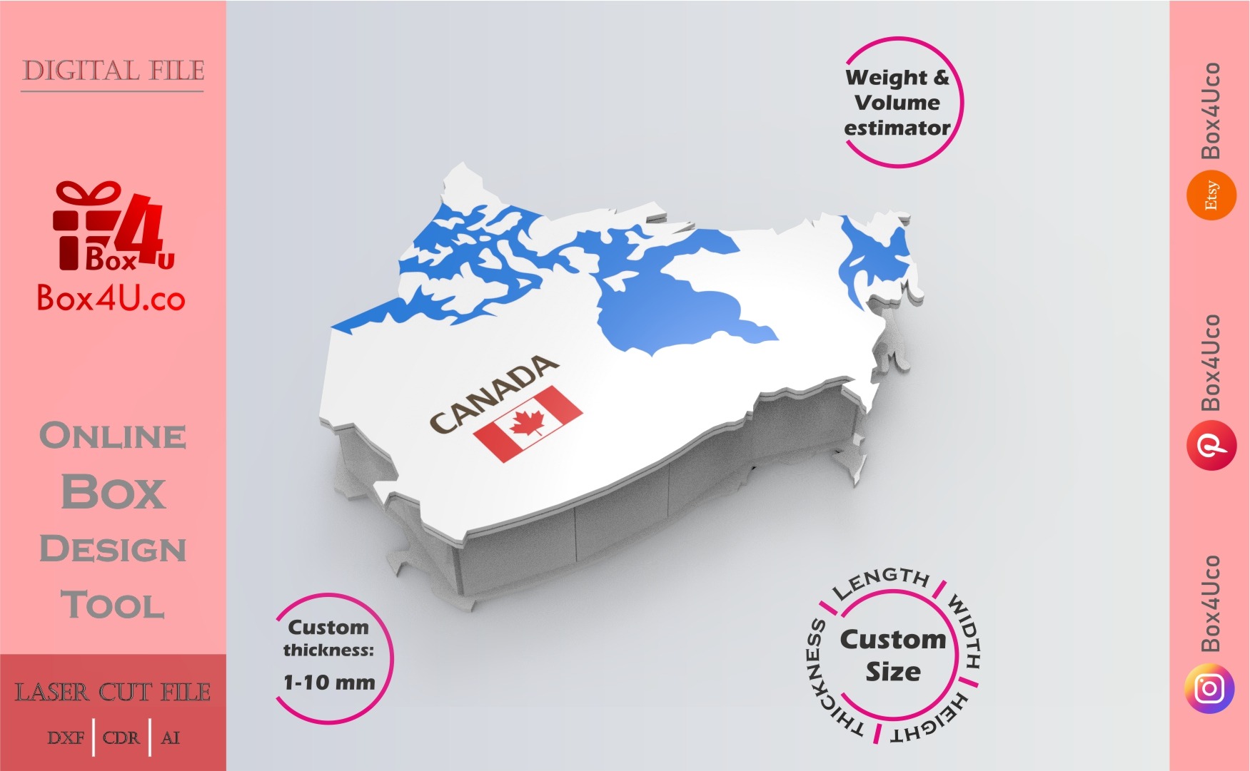 Make Canada map box | blue acrylic | Online design for map shaped box | custom size laser cut file DXF, AI, CDR | Box4U