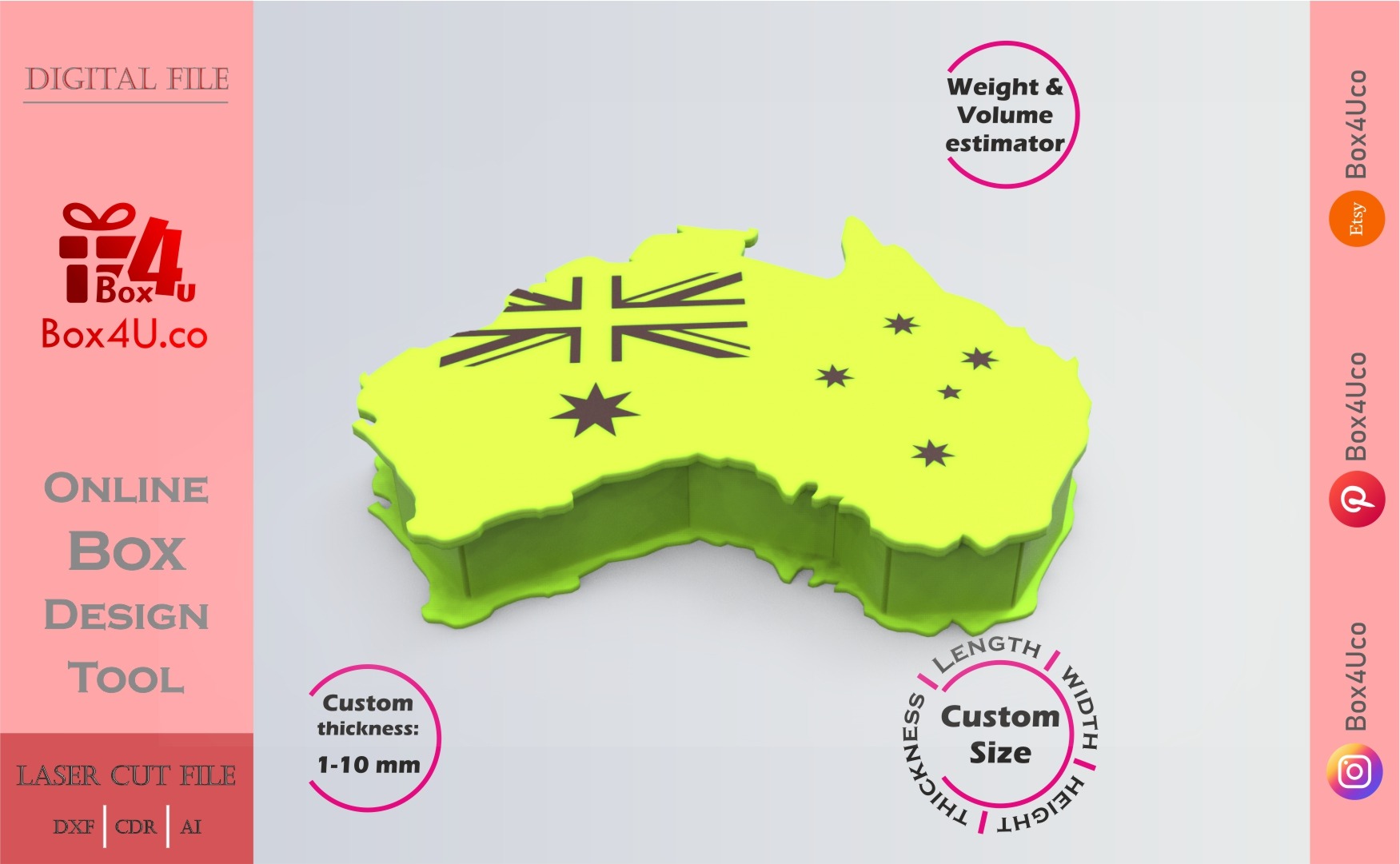 Make Australia map box | green Phosphor acrylic | Online design for map shaped box | custom size laser cut file DXF, AI, CDR | Box4U