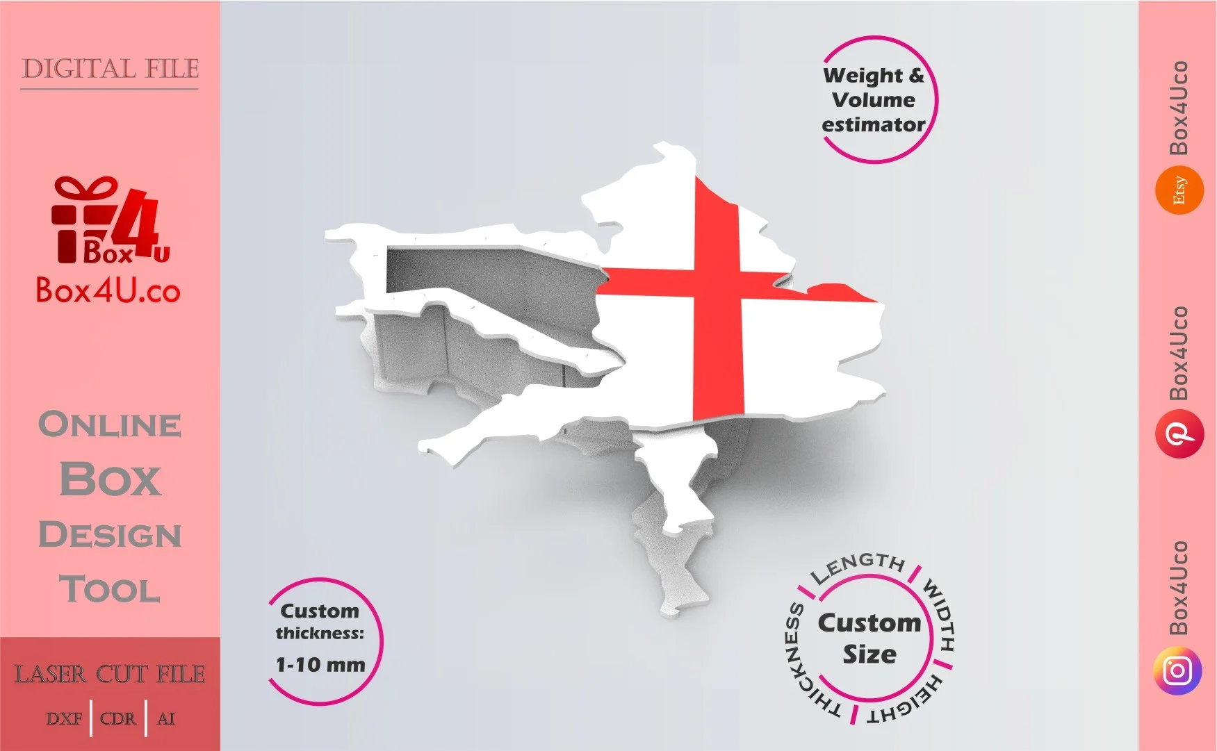 Online Design England map shaped Box | software tool for map shaped boxes | custom size laser cut file DXF, AI, CDR | Box4U