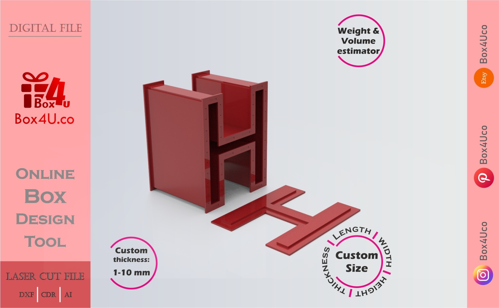 Make Letter H Box | red acrylic | Online app tool for letter boxes | custom size laser cut file DXF, AI, CDR | Box4U