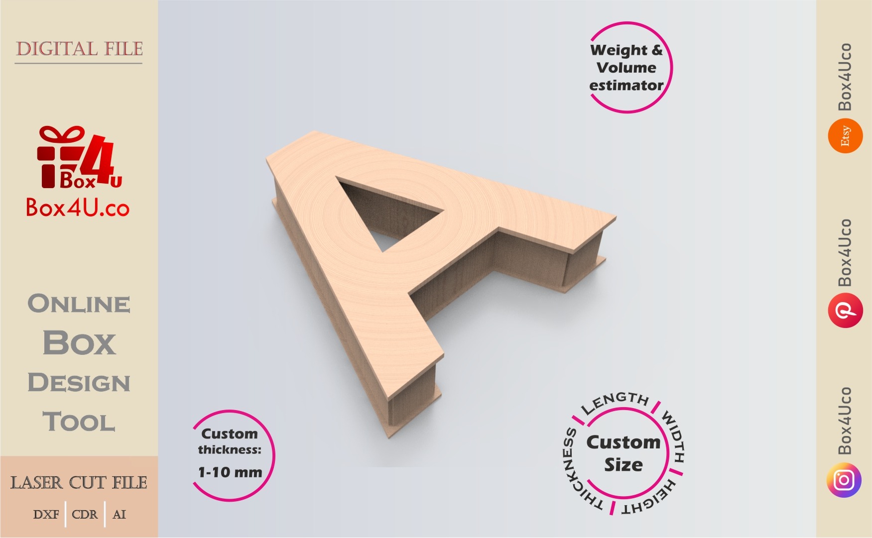 Online Design Letter A Box | wooden | App tool for letter boxes | custom size laser cut file DXF, AI, CDR | Box4U