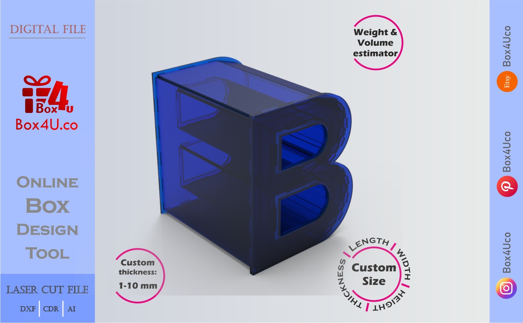 Make Letter B Box | blue acrylic | Online design for letter box | custom size laser cut file DXF, AI, CDR | Box4U