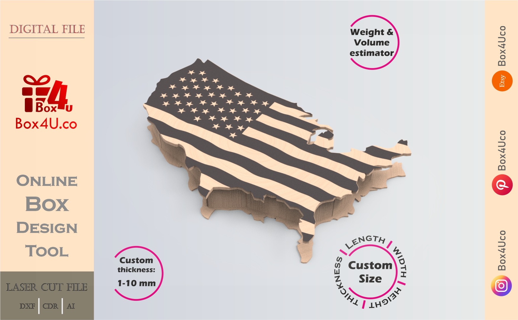 Online Design USA map Box | wooden | App tool for map boxes | custom size laser cut file DXF, AI, CDR | Box4U