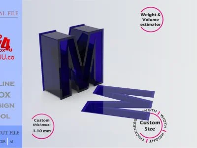 Make Letter M Box | blue acrylic | Online design for letter box | custom size laser cut file DXF, AI, CDR | Box4U