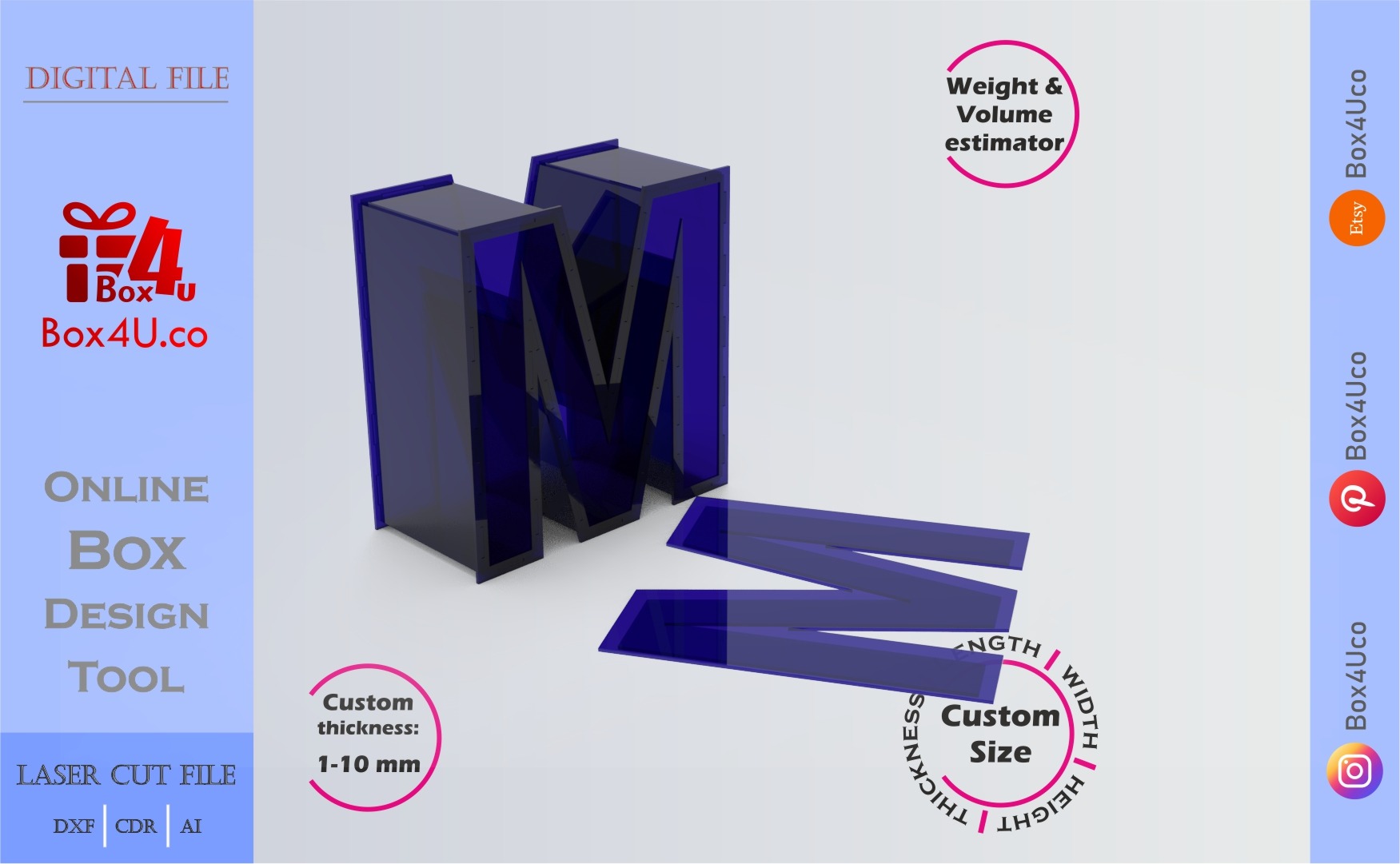 Make Letter M Box | blue acrylic | Online design for letter box | custom size laser cut file DXF, AI, CDR | Box4U