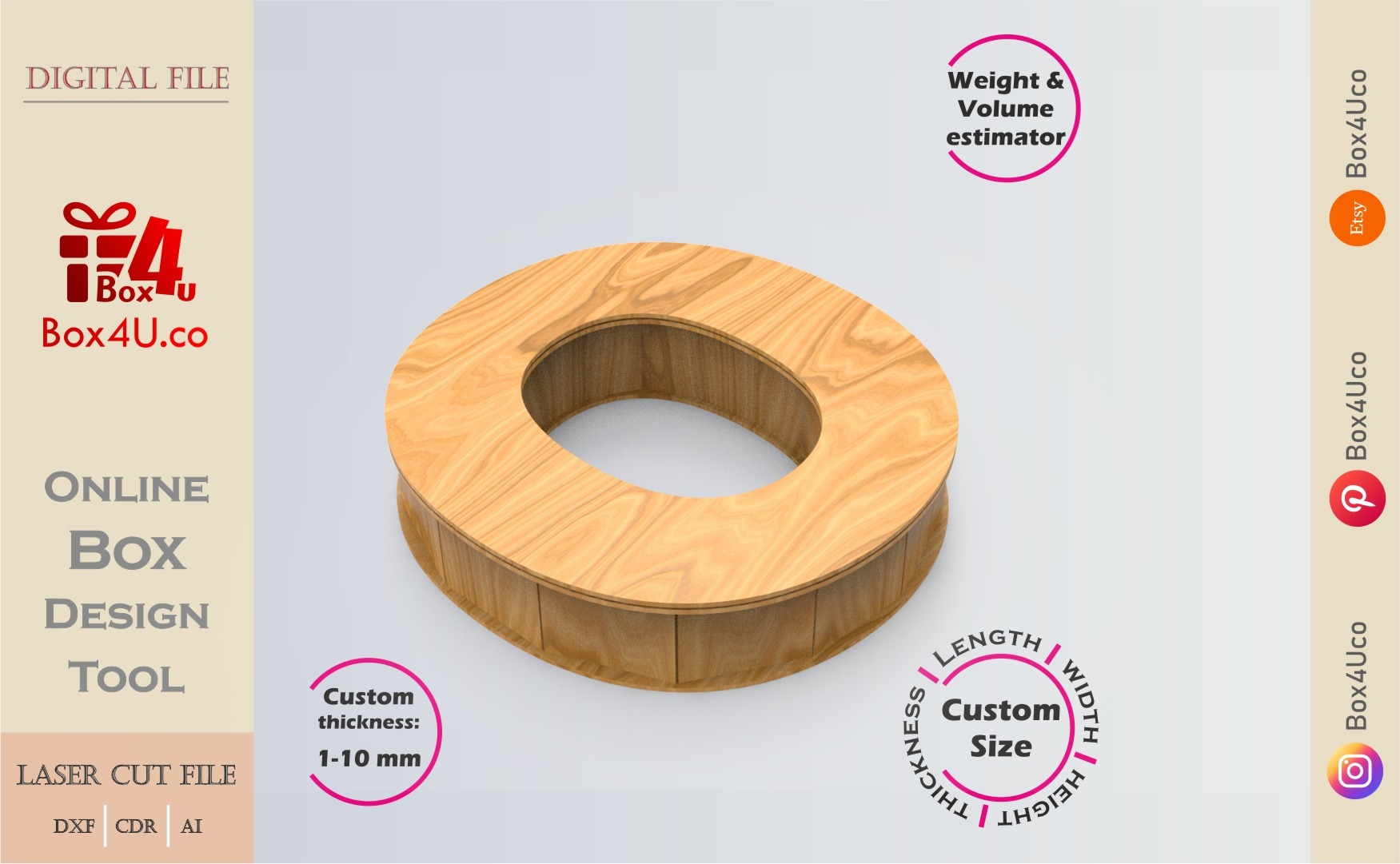 Online Design Letter O Box | wooden | App tool for letter boxes | custom size laser cut file DXF, AI, CDR | Box4U