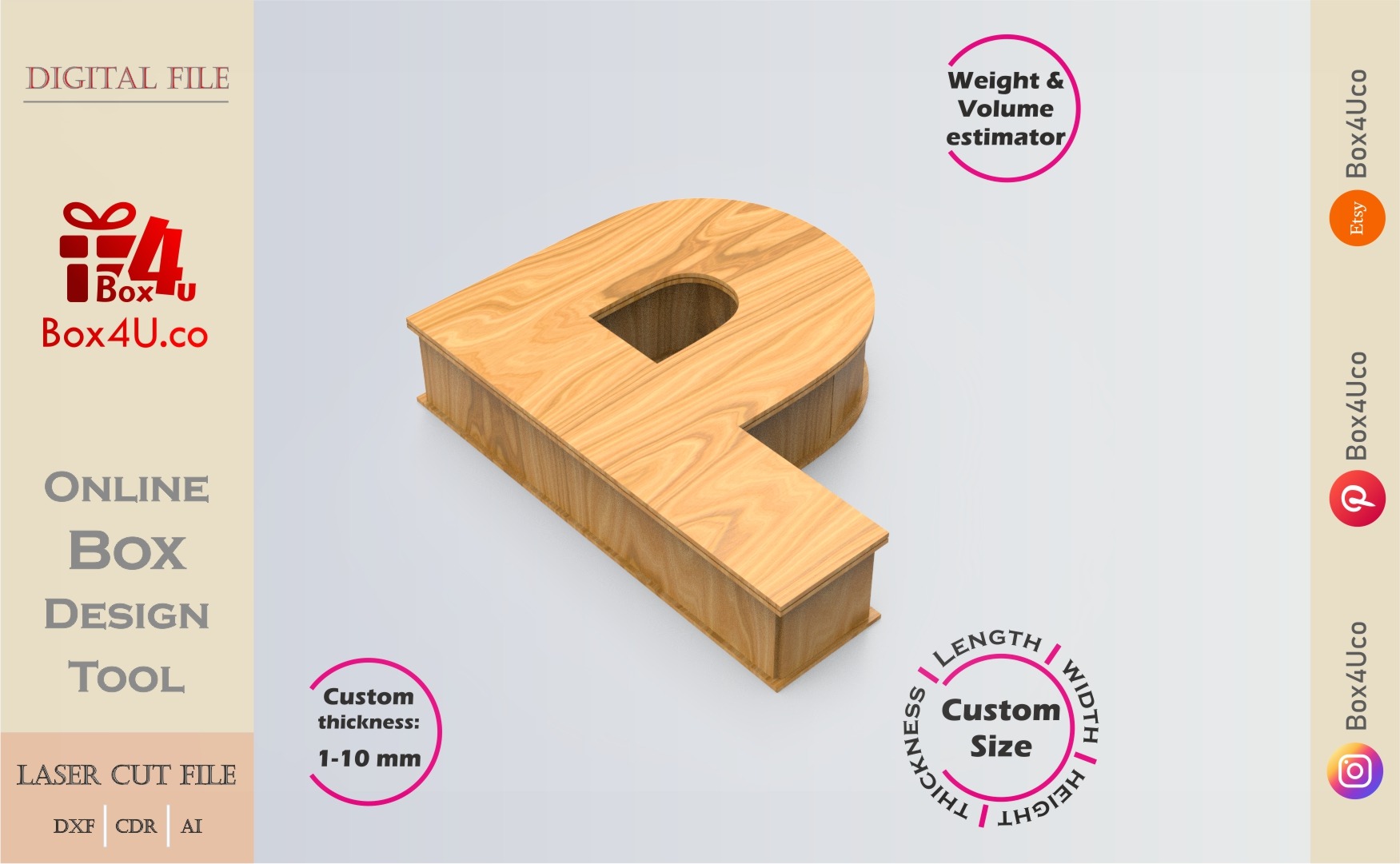 Online Design Letter P Box | wooden | App tool for letter boxes | custom size laser cut file DXF, AI, CDR | Box4U