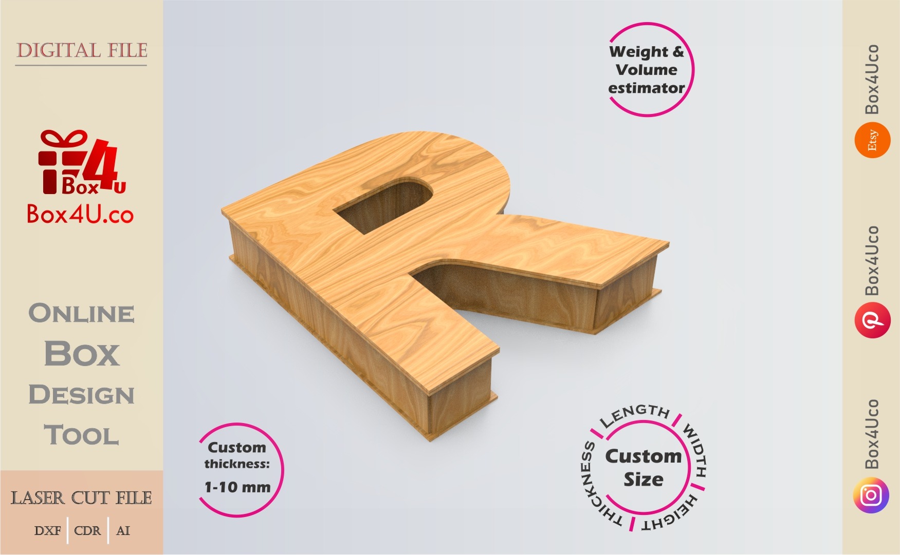 Online Design Letter R Box | wooden | App tool for letter boxes | custom size laser cut file DXF, AI, CDR | Box4U