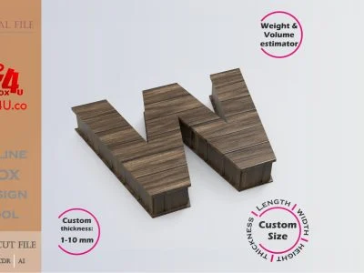 Online Design Letter W Box | walnut | software tool for letter boxes | custom size laser cut file DXF, AI, CDR | Box4U