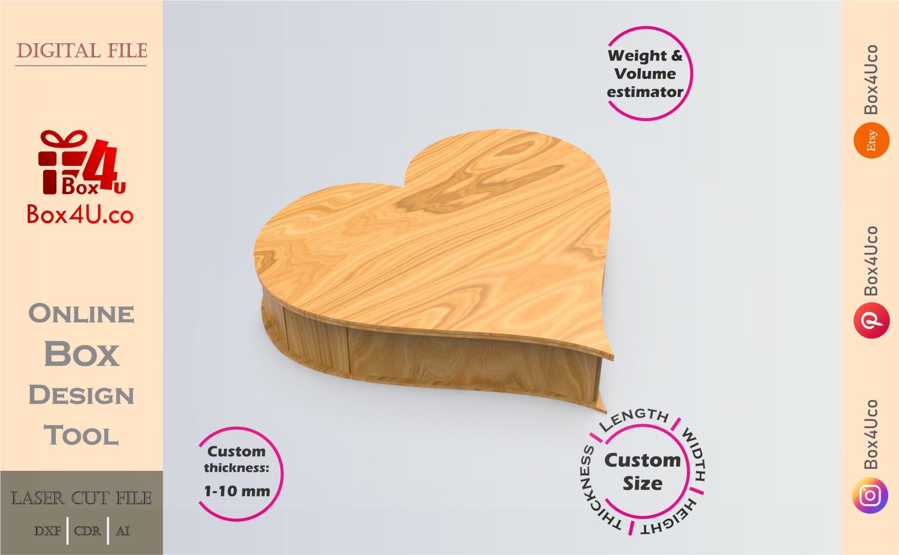 Online Design Heart Box | wooden | App tool for shape boxes | custom size laser cut file DXF, AI, CDR | Box4U