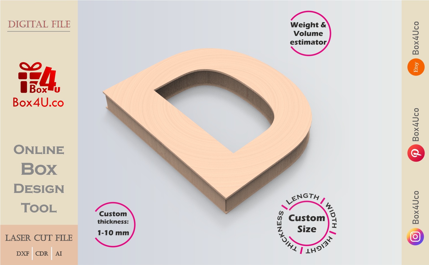 Online Design Letter D Box | wooden | App tool for letter boxes | custom size laser cut file DXF, AI, CDR | Box4U