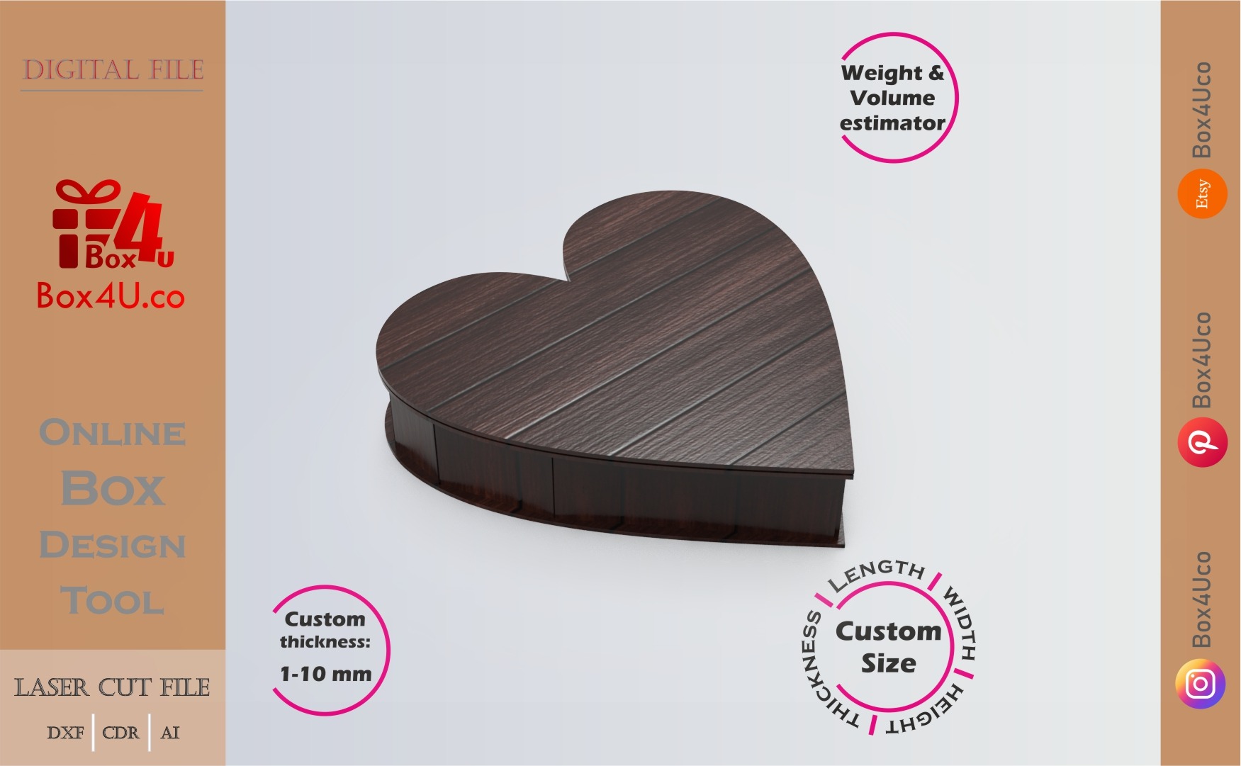 Online Design Heart Box (T2) | walnut | software tool for shape boxes | custom size laser cut file DXF, AI, CDR | Box4U